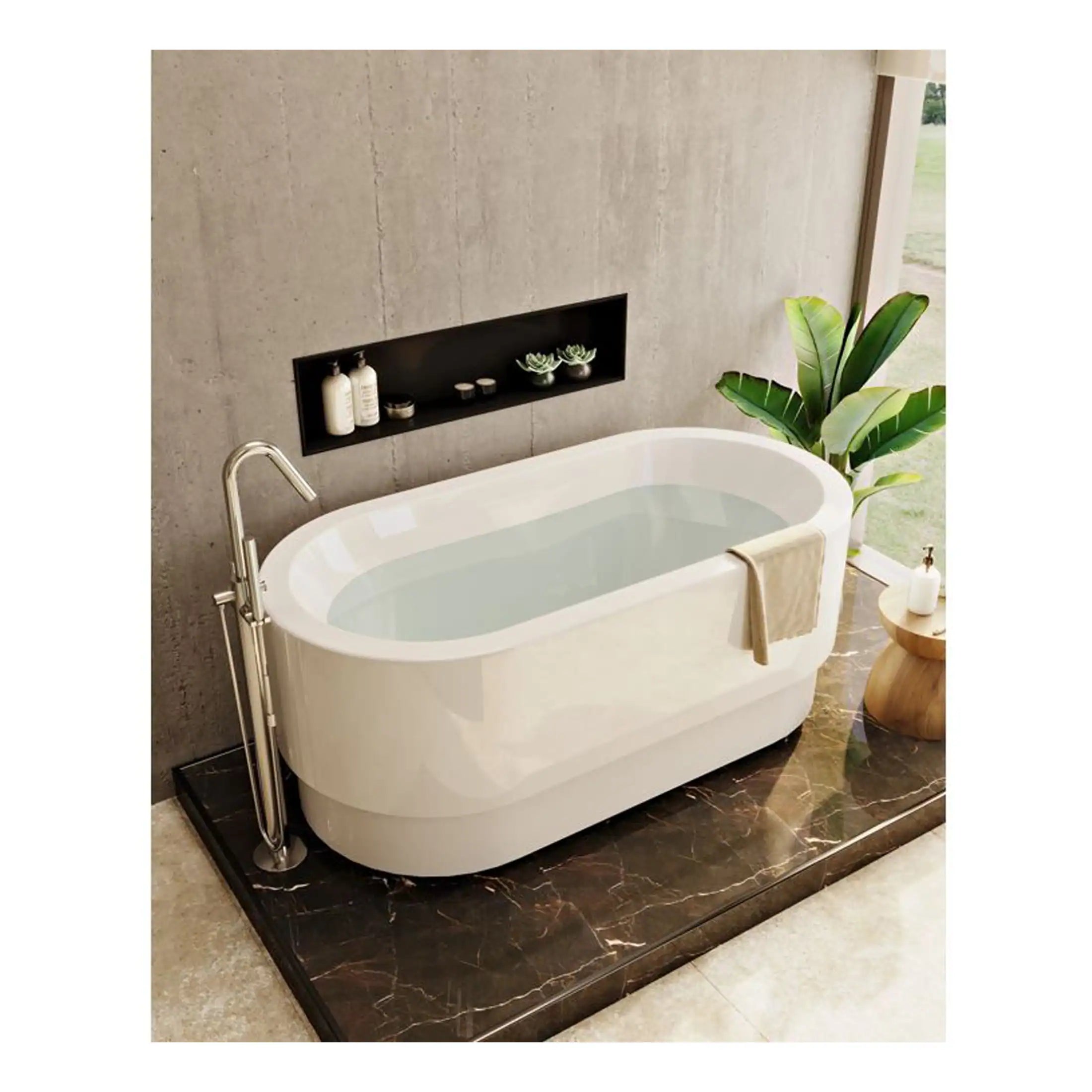Stylish freestanding white bathtub with modern design, chrome fixtures, and an elegant towel draped over the side, set in a contemporary bathroom with natural light, lush green plant, and minimalist decor.