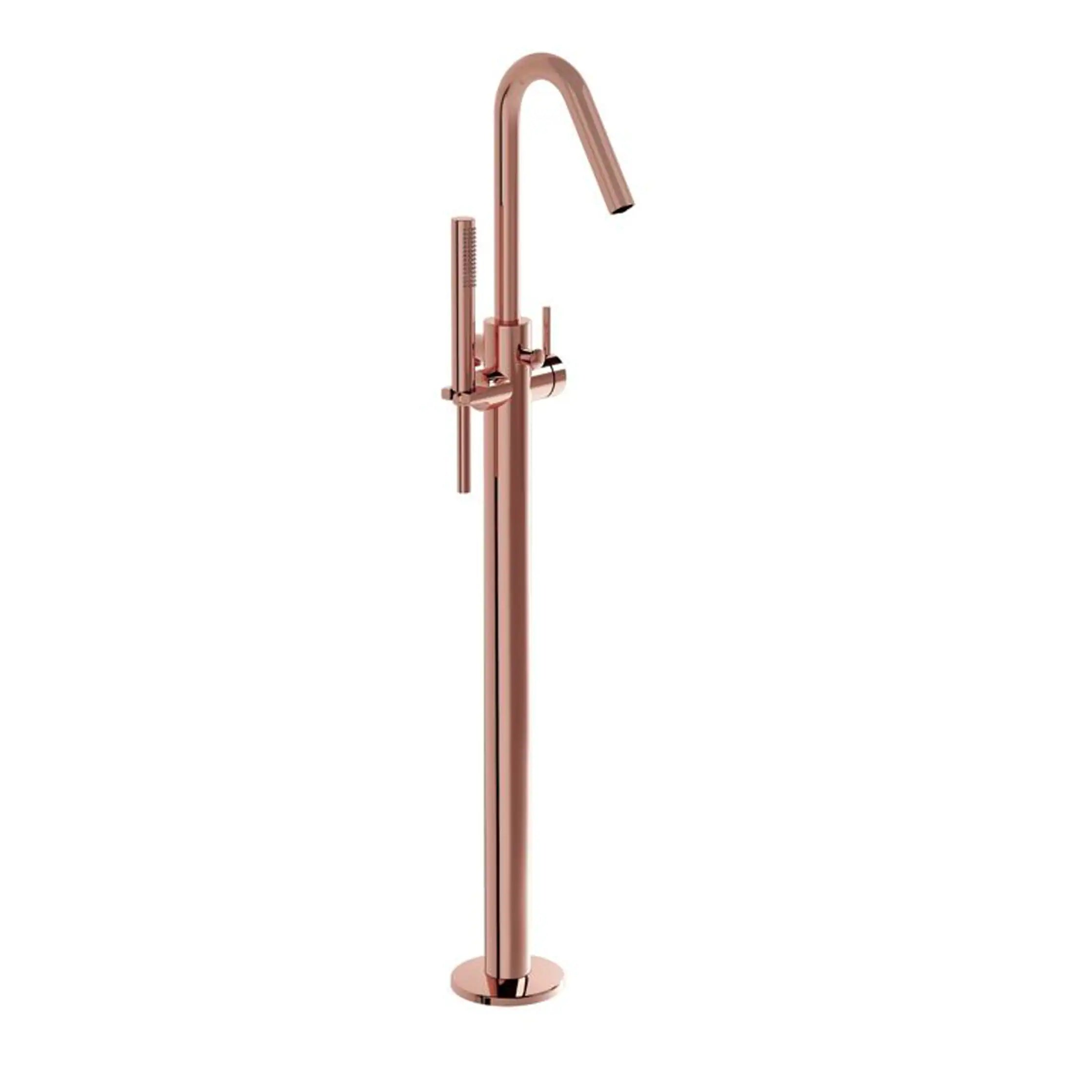 Sleek rose gold freestanding bathroom tap with a modern design, including a handheld shower and a high curved spout, perfect for contemporary bathroom setups.
