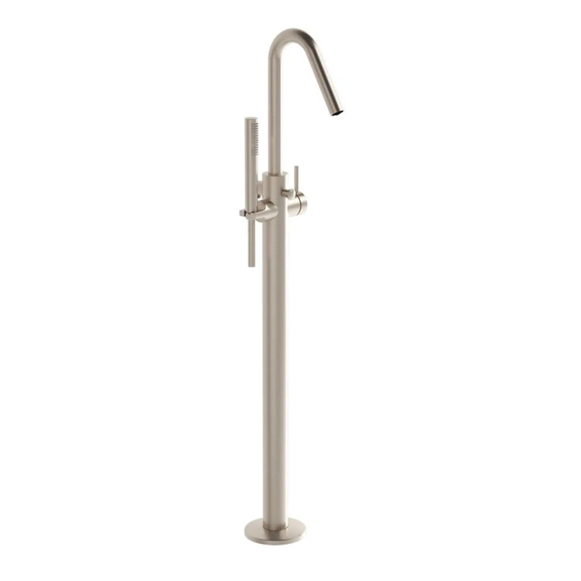 Elegant stainless steel freestanding kitchen tap with pull-out spray head, ideal for modern bathrooms and kitchens. Durable, stylish design with versatile functionality.