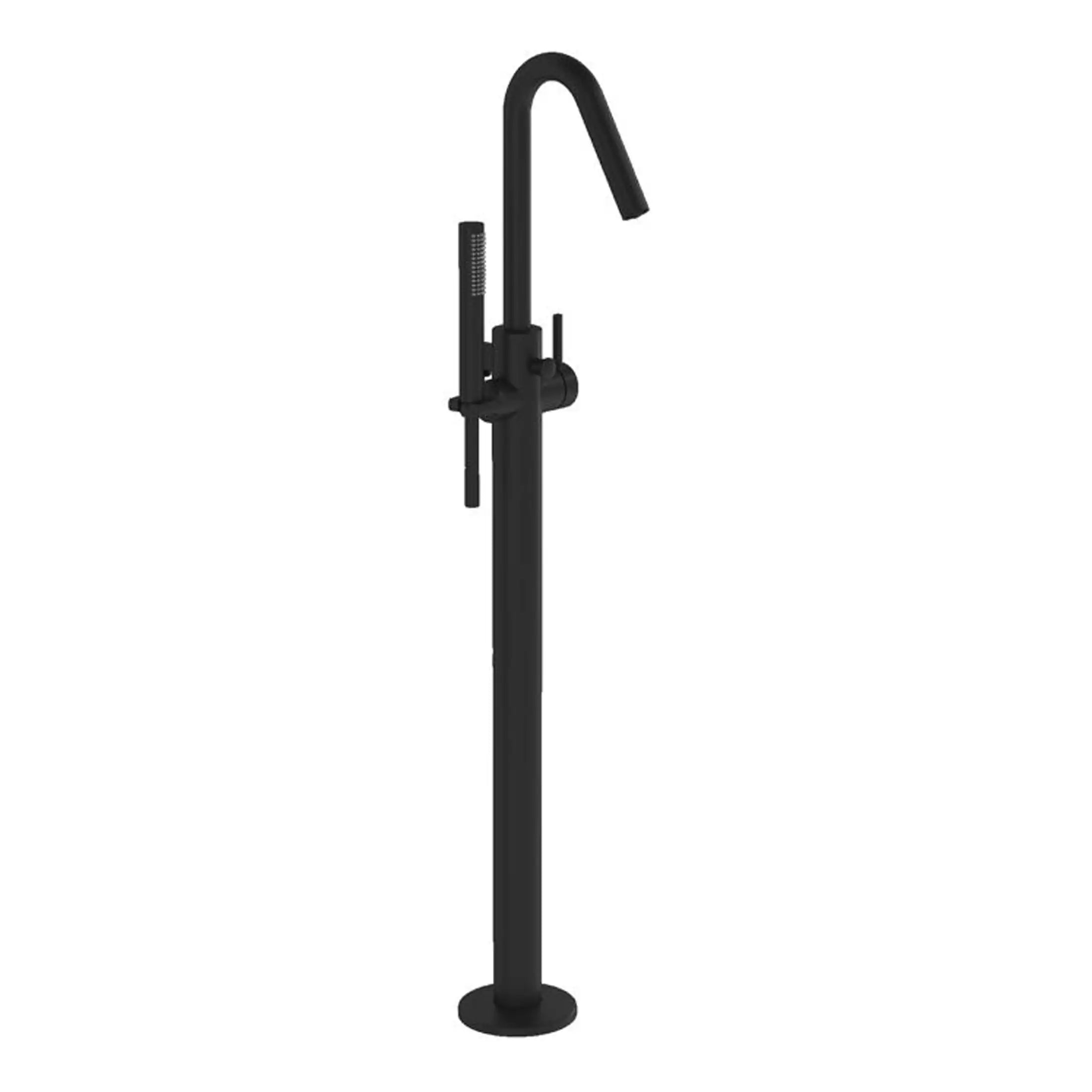 Stylish black freestanding kitchen mixer tap with integrated hand shower for modern bathroom or kitchen sink, perfect for Bubly Bathrooms' sleek tapware collection.