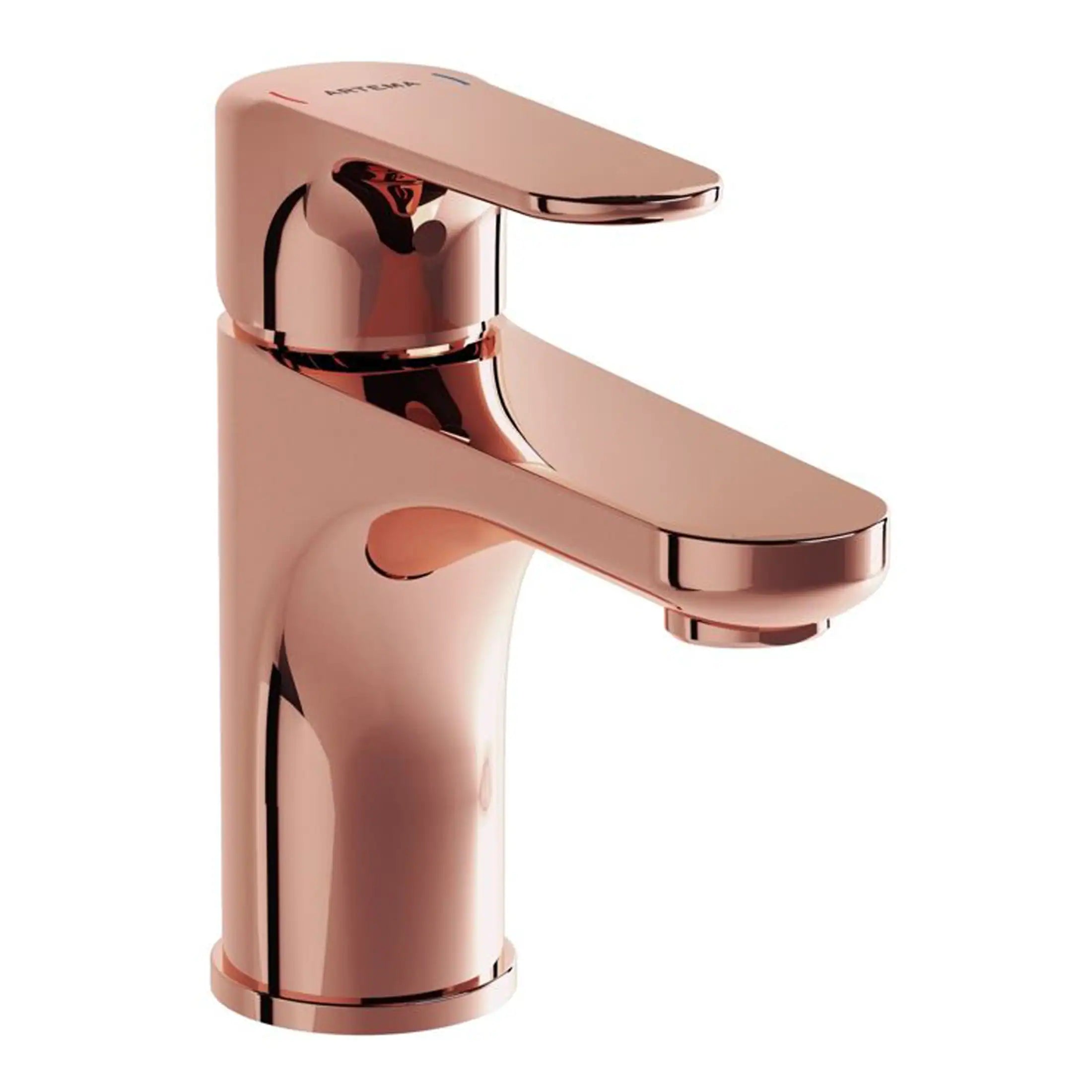 Polished rose gold bathroom basin mixer tap, modern design for stylish bathrooms, high-quality fixtures, and durable construction for everyday use in contemporary bathroom settings.