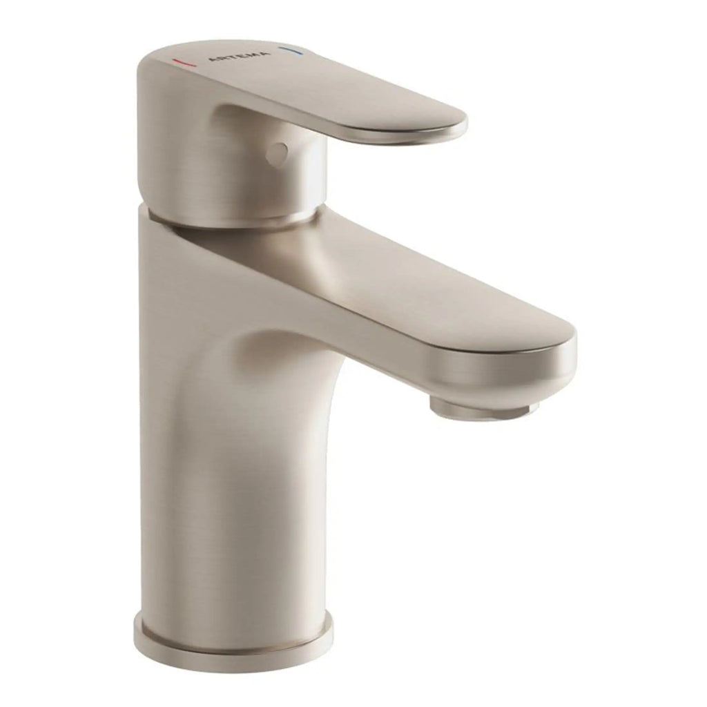 Sleek brushed nickel bathroom sink tap with modern design for contemporary bathrooms. Perfect for upgrading your bathroom fixtures with stylish, high-quality taps from Bubly Bathrooms.
