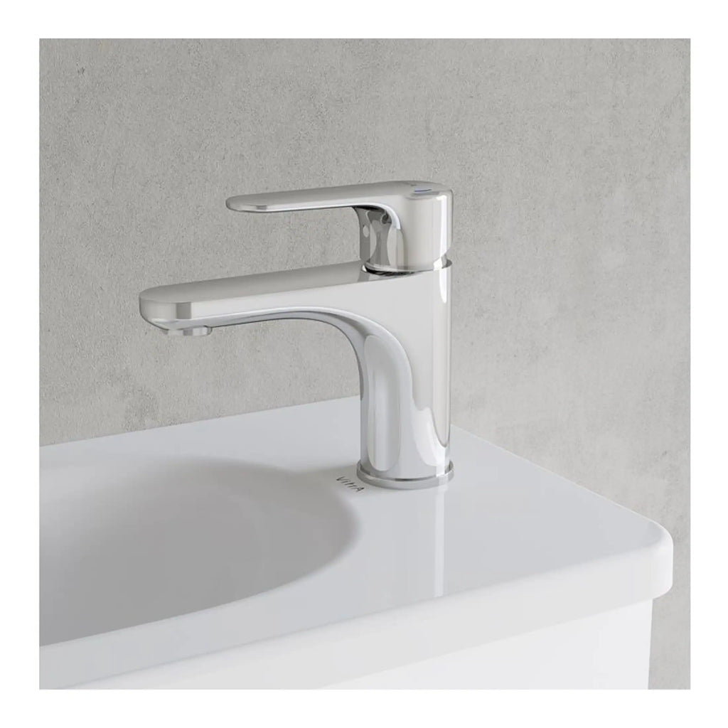 Shiny white modern bathroom basin tap, sleek design ideal for contemporary bathrooms and washbasins.