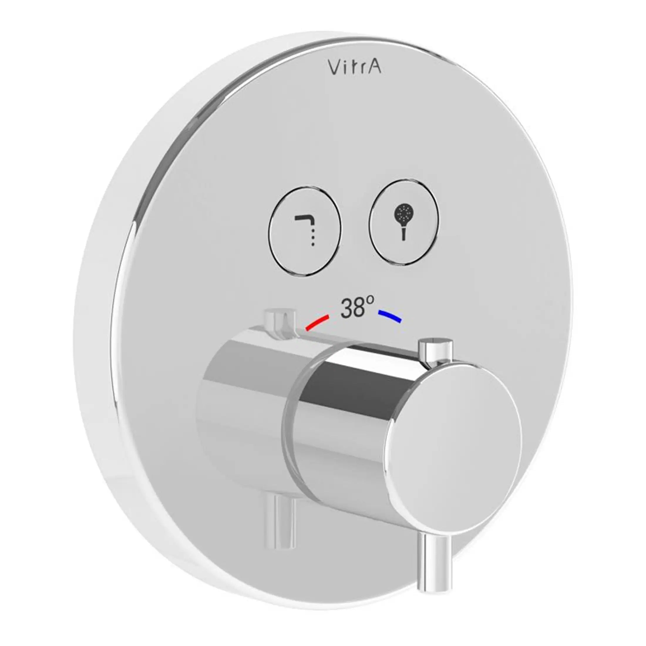Digital thermostatic shower control panel for customised temperature regulation in modern bathrooms. Easy to operate with sleek chrome finish and intuitive interface, perfect for luxury bathroom upgrades.
