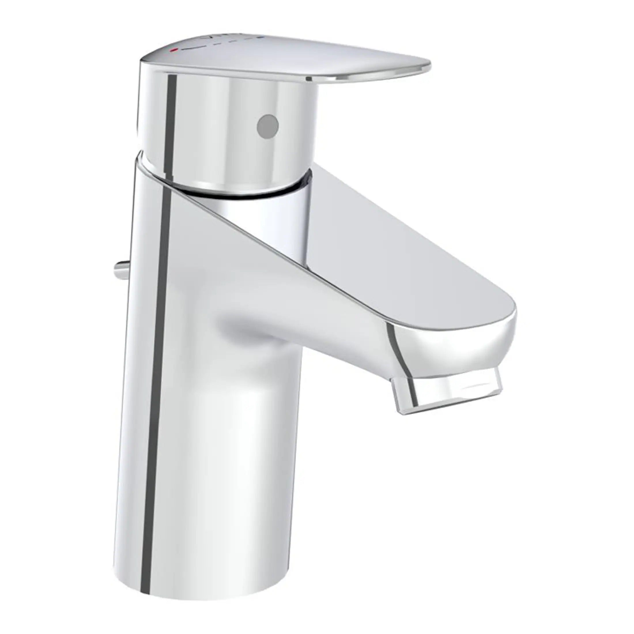 Sleek modern chrome bathroom basin mixer tap with a streamlined design, ideal for contemporary bathroom interiors and water-saving fixtures.