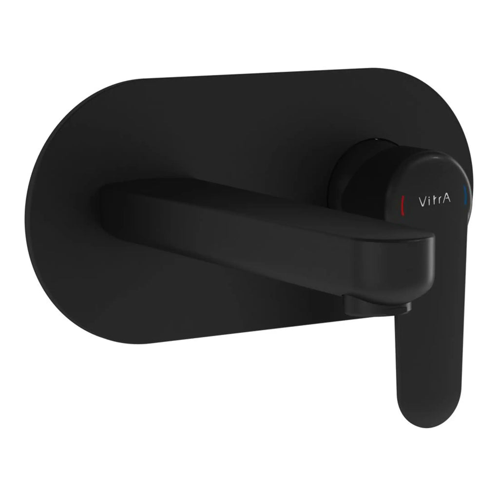 Black wall-mounted bathroom tap with temperature control knob, modern and sleek design from Bubly Bathrooms. Perfect for contemporary bathroom setups.