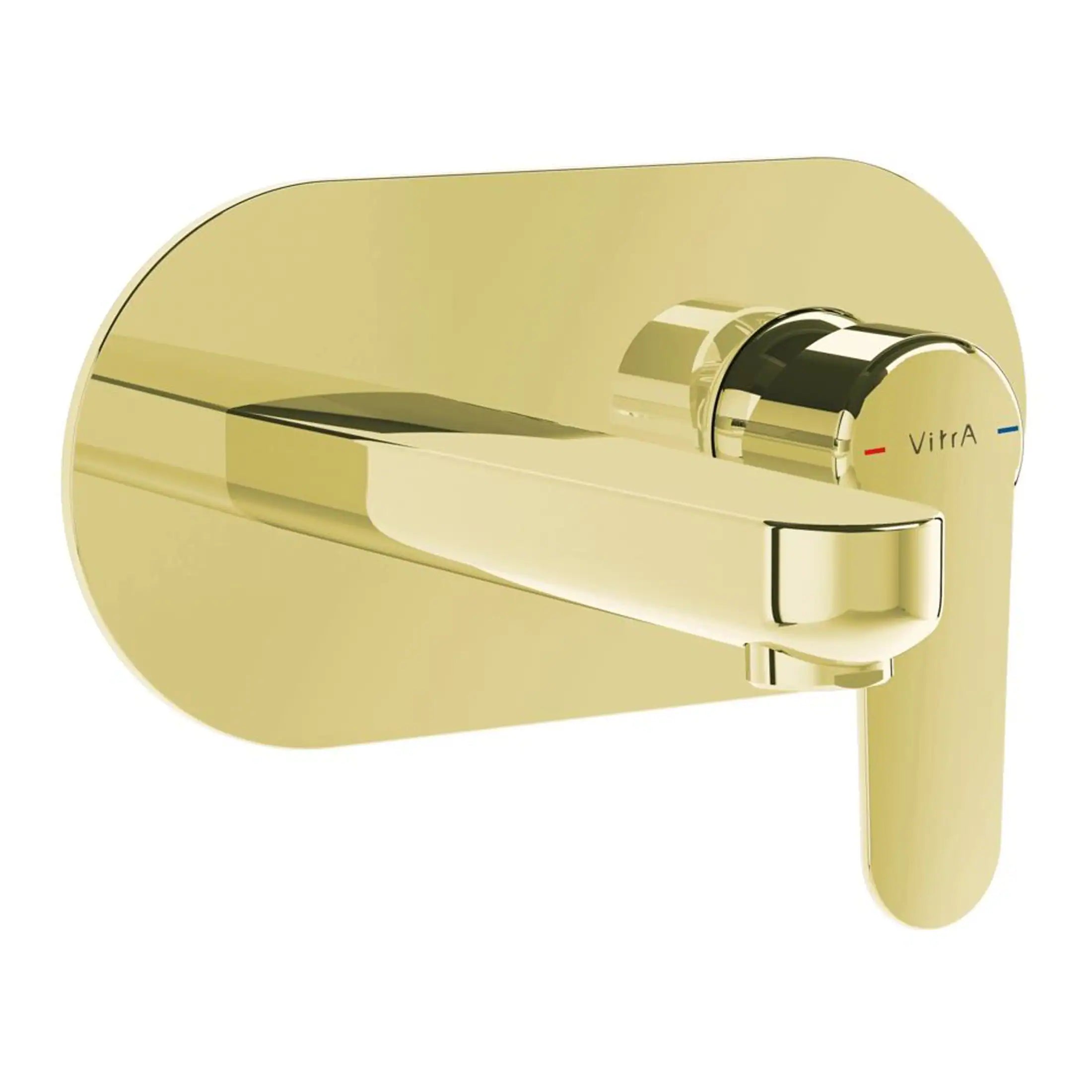 Vitra gold wall-mounted thermostatic bath and shower mixer tap with lever handle and temperature control.