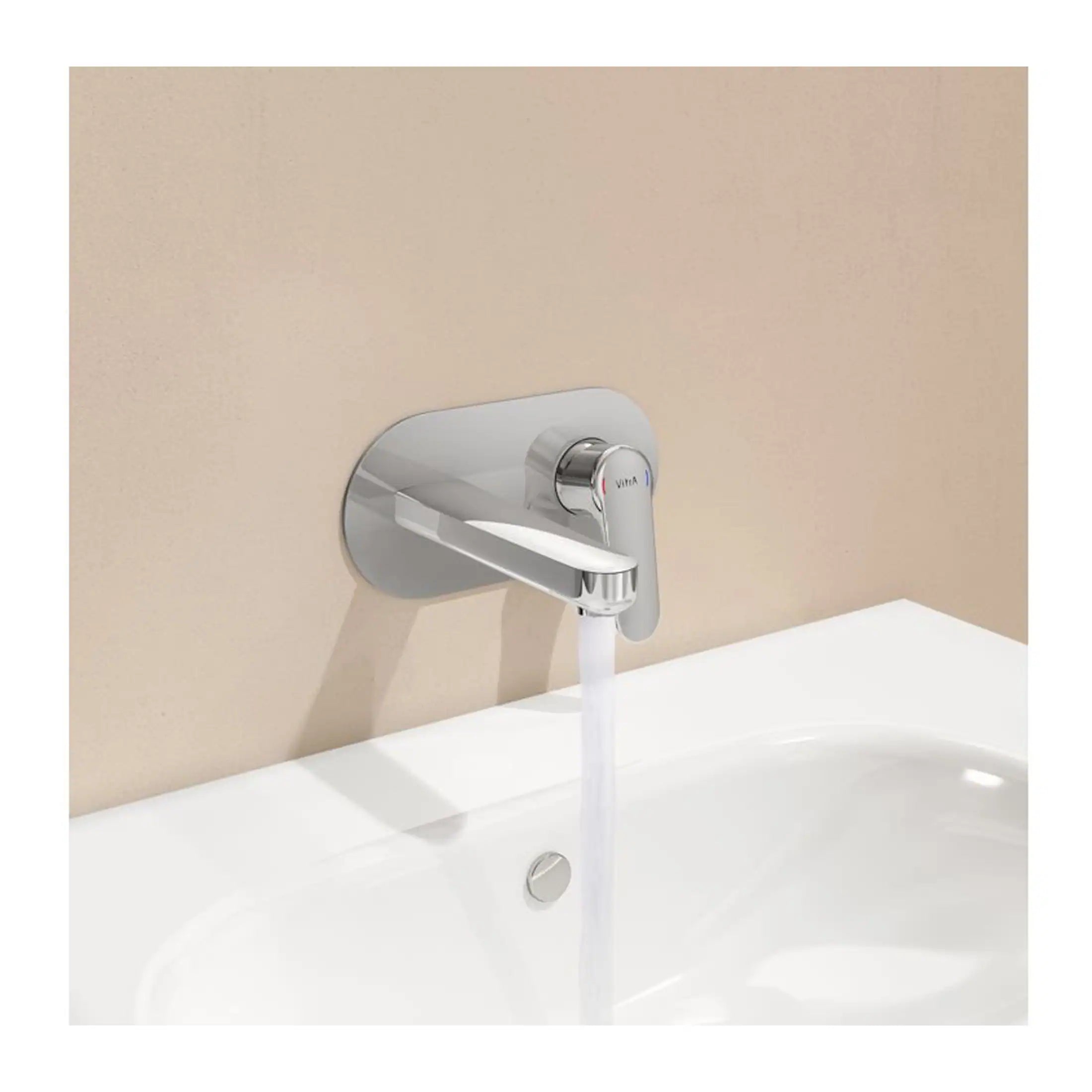 Sleek modern chrome bathroom tap with water flowing into a white ceramic basin, ideal for contemporary bathroom renovations and stylish fixtures.