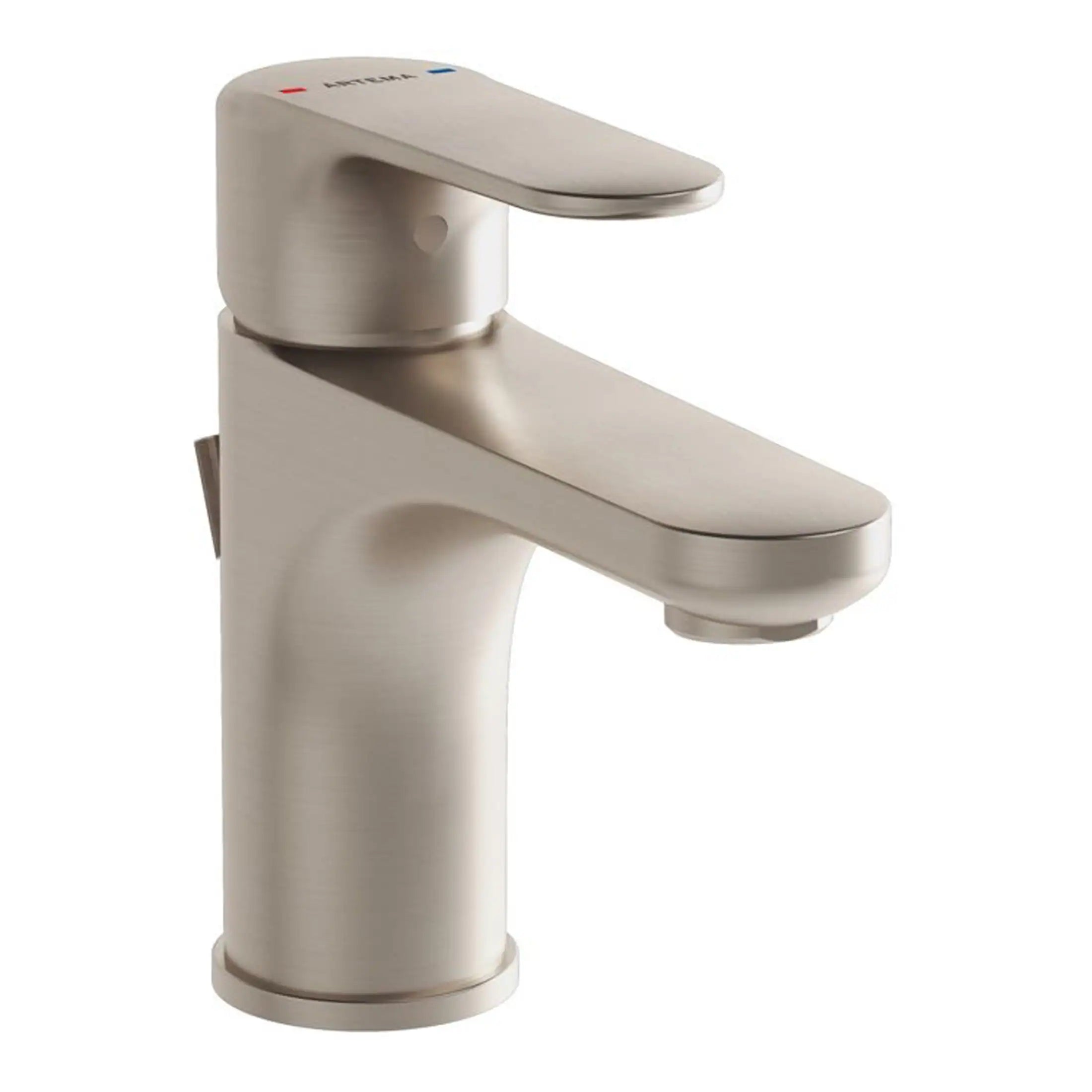 Silver modern bathroom sink faucet with sleek design and single lever control.
