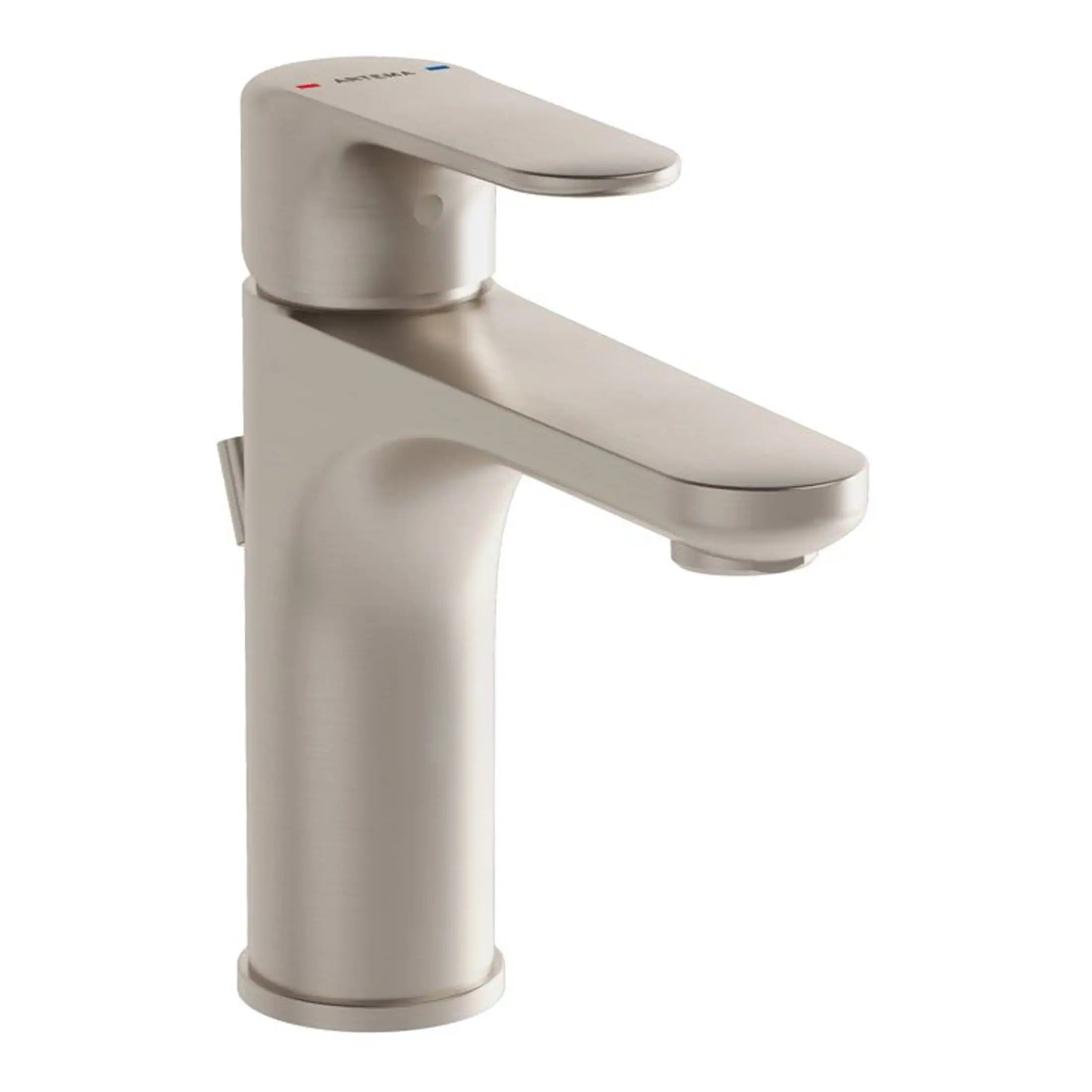 Modern brushed nickel bathroom sink faucet with single lever handle and contemporary design.