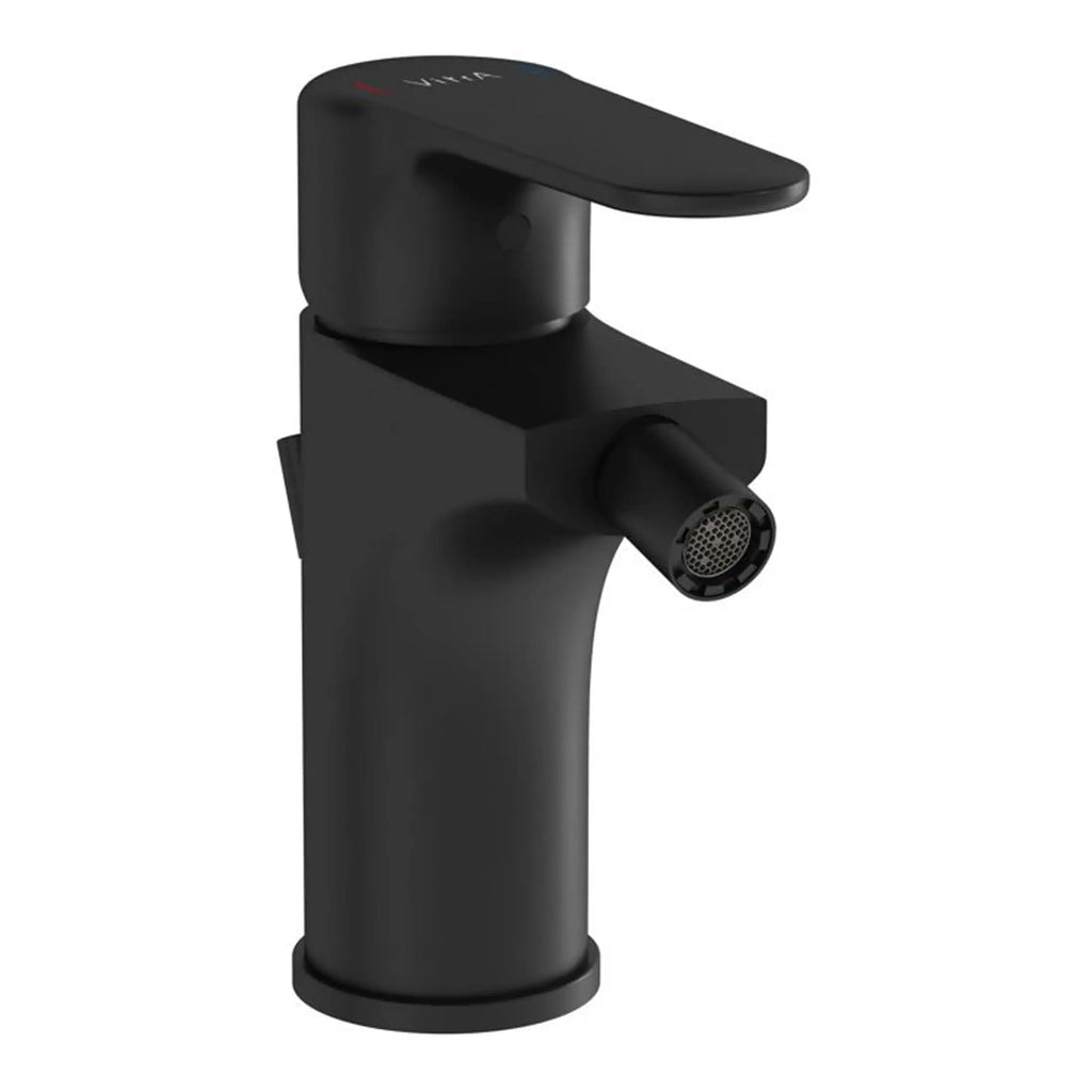 Black matte bathroom faucet with modern design and single handle, suitable for contemporary bathrooms and washbasins.