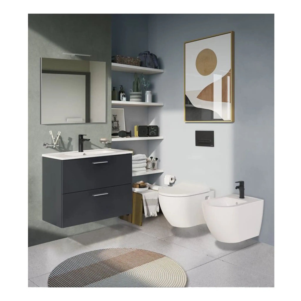 Modern bathroom with stylish vanity unit, wall-mounted toilet, bidet, and minimalist design, featuring open shelving, decorative art, and neutral colour palette for contemporary bathroom renovation.