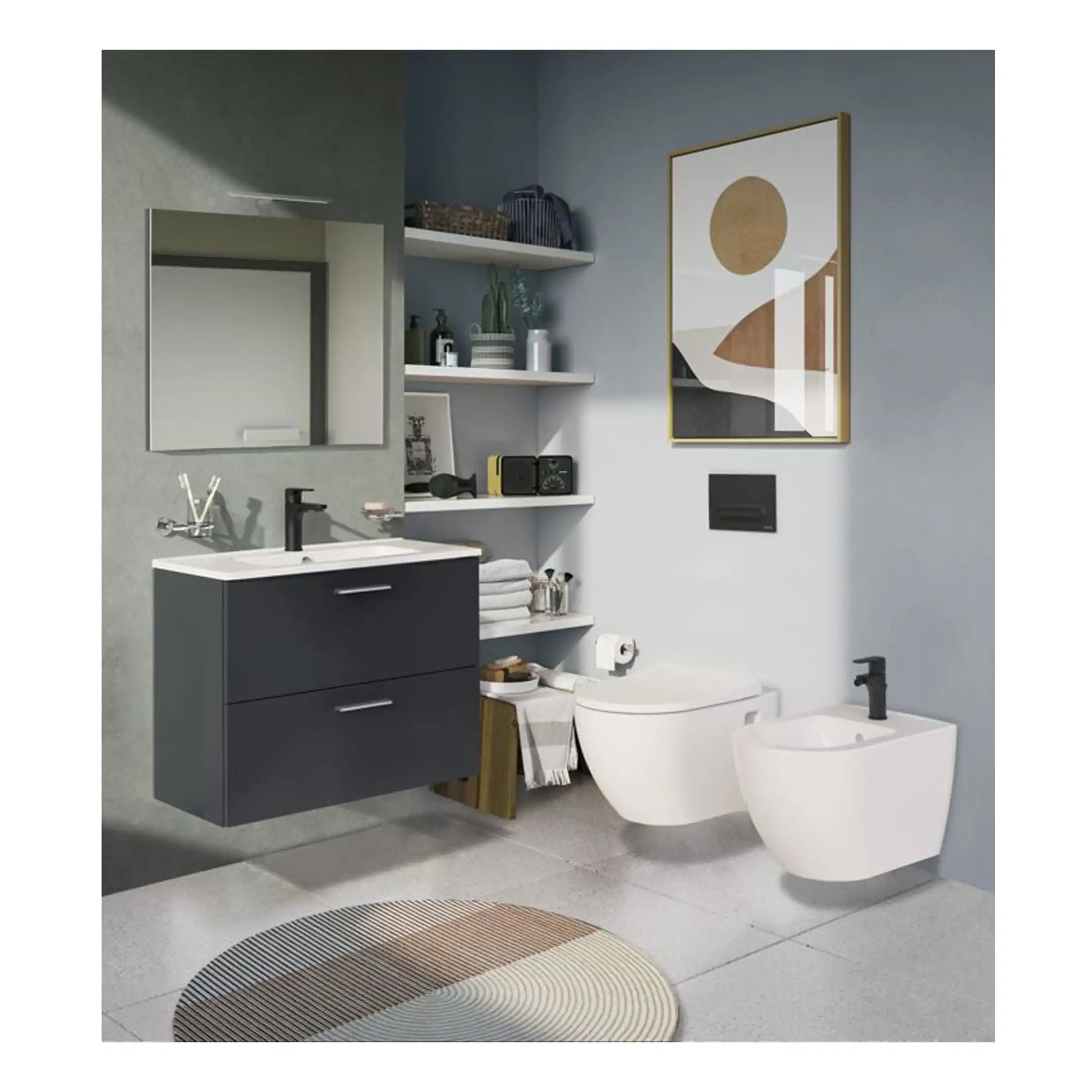 Modern bathroom with stylish vanity unit, wall-mounted toilet, bidet, and minimalist design, featuring open shelving, decorative art, and neutral colour palette for contemporary bathroom renovation.