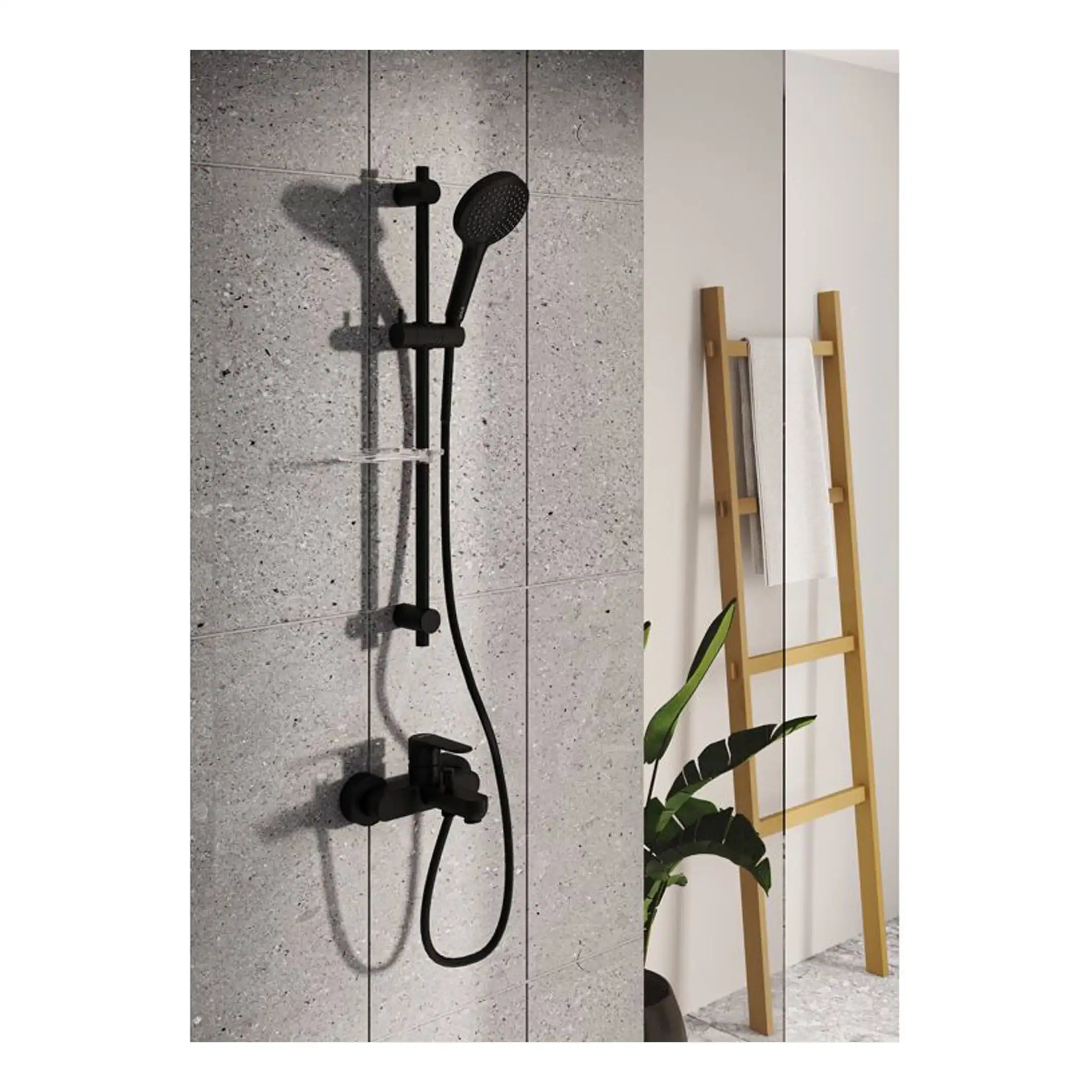 Sleek black shower fixtures with handheld showerhead on textured grey tiled wall, combined with modern wooden towel ladder and greenery, creating a stylish and functional bathroom space.