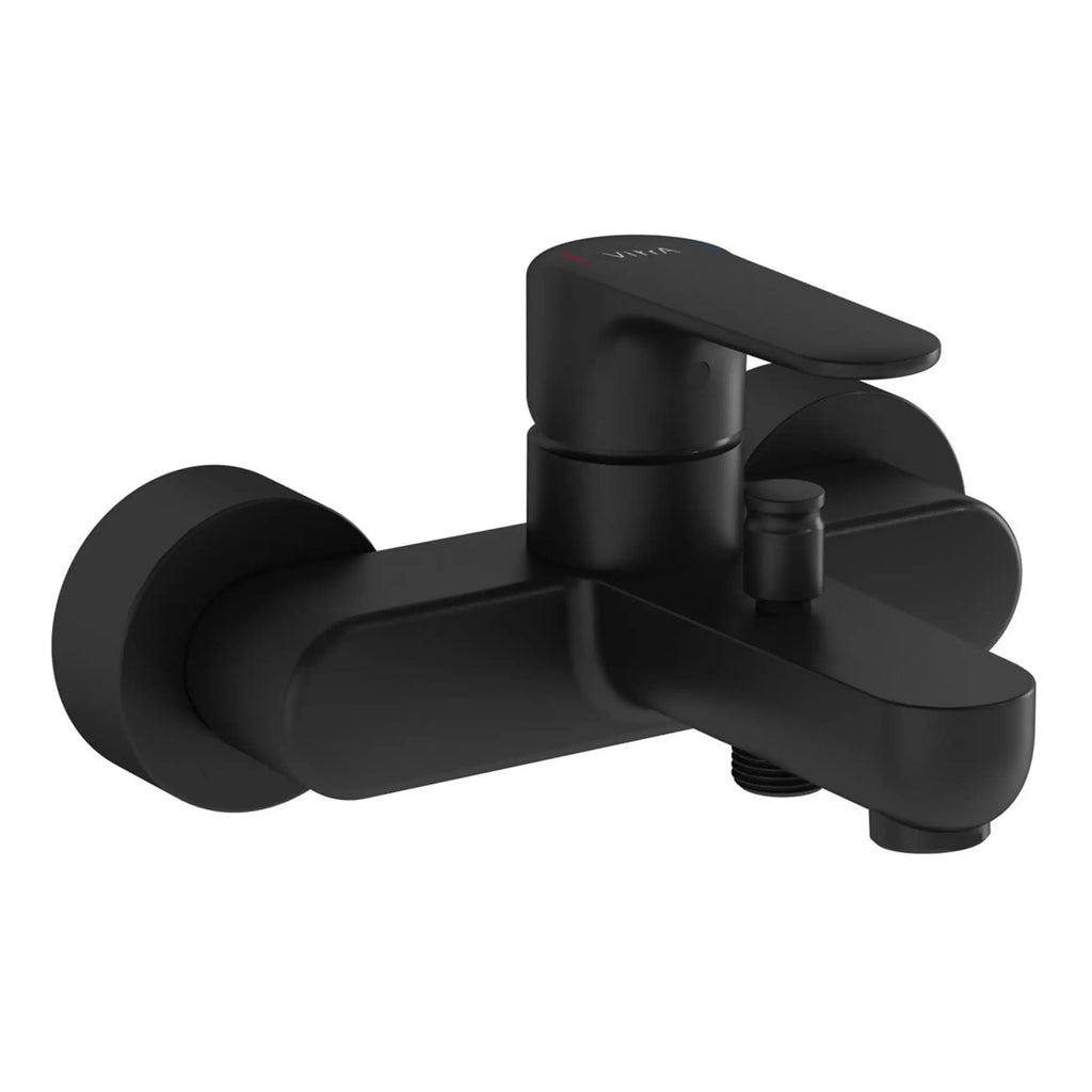 Sleek black wall-mounted bathroom faucet with modern design, single lever handle, and durable finish, ideal for stylish bathroom renovations and efficient water control.