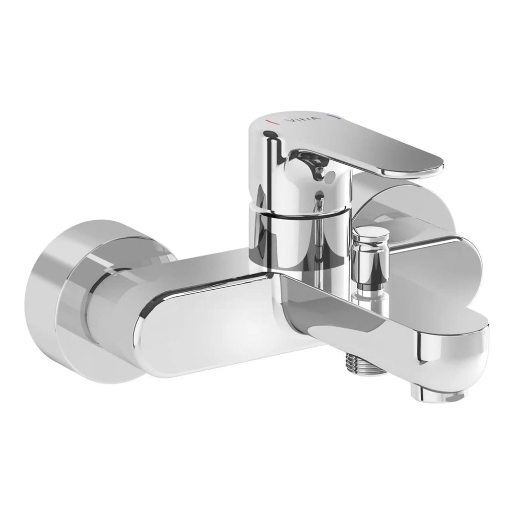 Modern chrome bathroom basin tap with single lever handle, wall-mounted design, and built-in spout for Beverley bathrooms. Perfect for a sleek, contemporary bathroom setting.