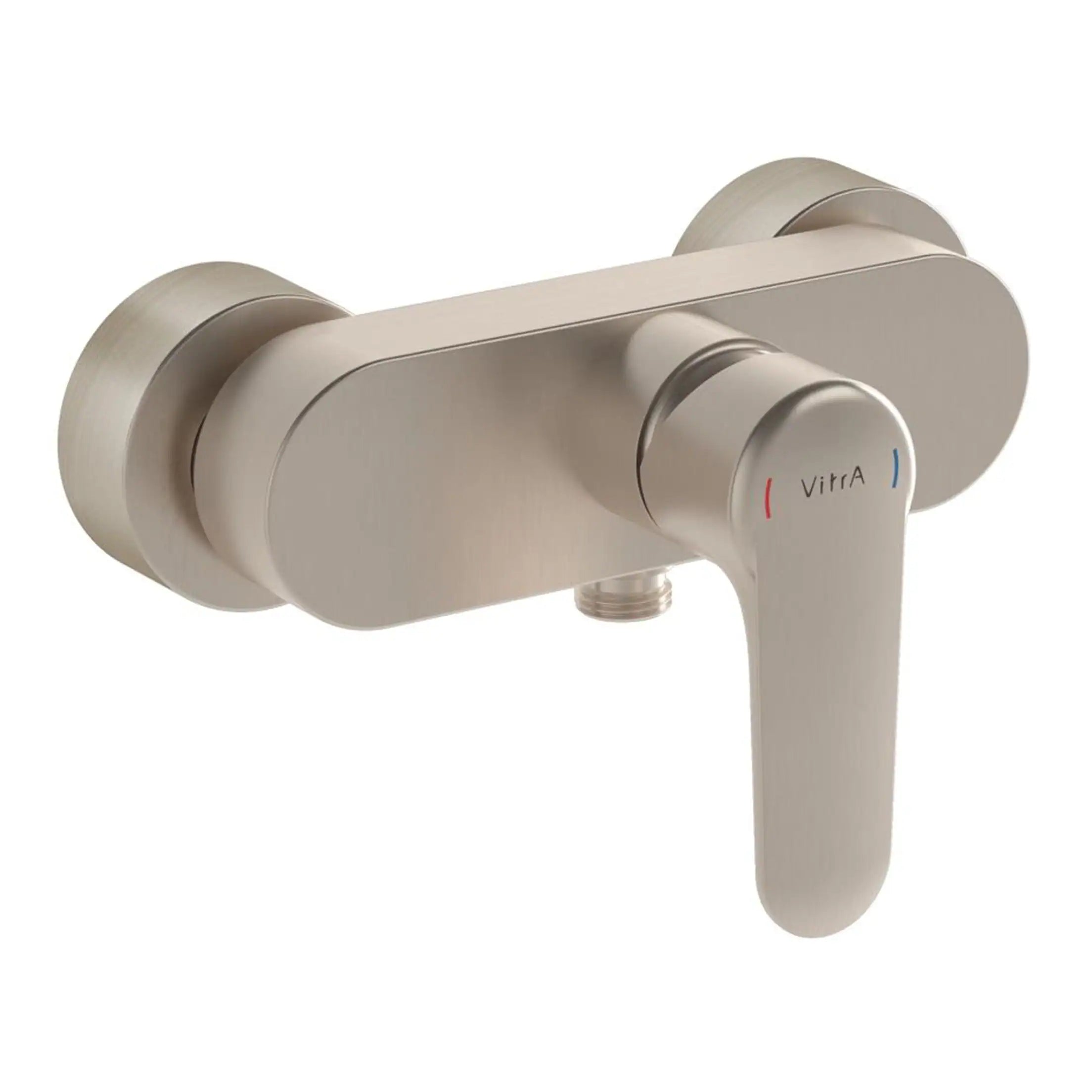 Smooth brushed nickel wall-mounted thermostatic shower valve with adjustable temperature control and modern design, perfect for luxury bathroom upgrade.