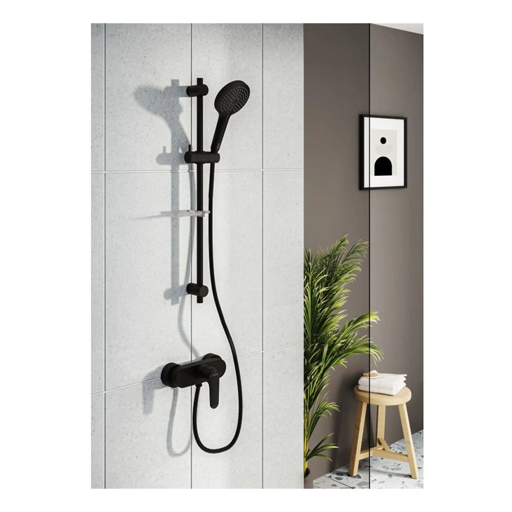 Modern black rainfall shower system with handheld shower head and wall-mounted controls in contemporary bathroom setting.