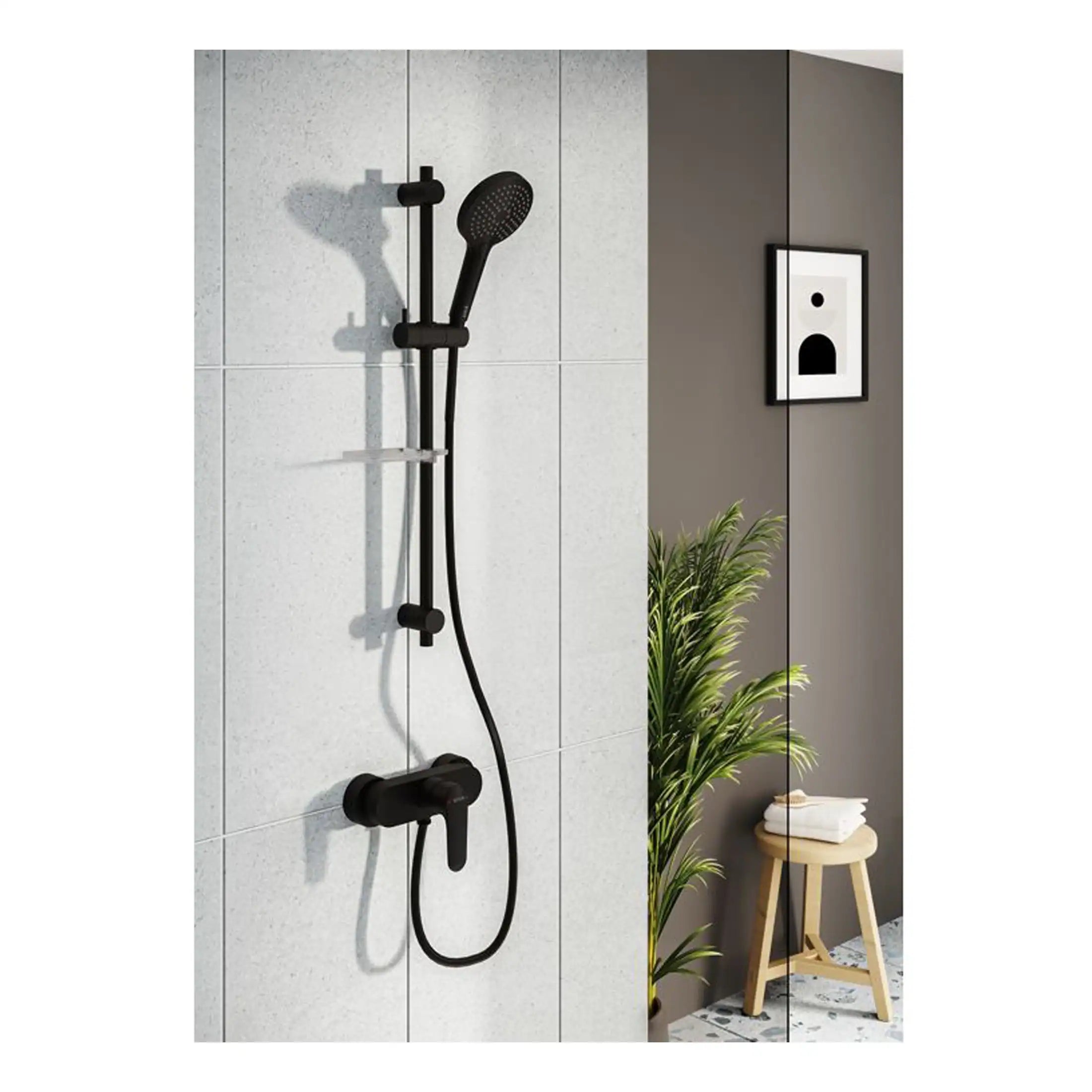 Modern black rainfall shower system with handheld shower head and wall-mounted controls in contemporary bathroom setting.
