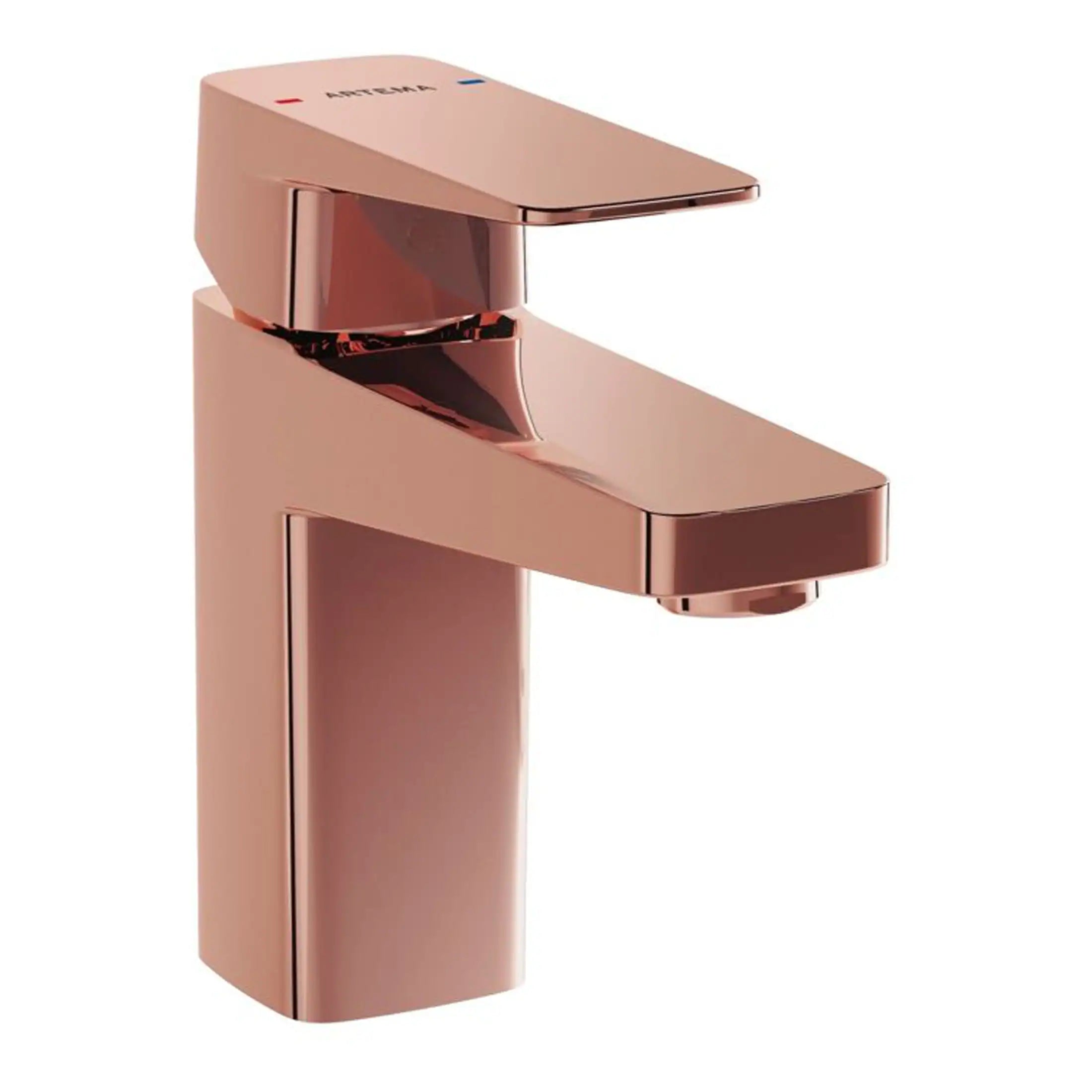 Polished rose gold bathroom faucet, modern design with single lever control for hot and cold water, suitable for contemporary bathroom decor.