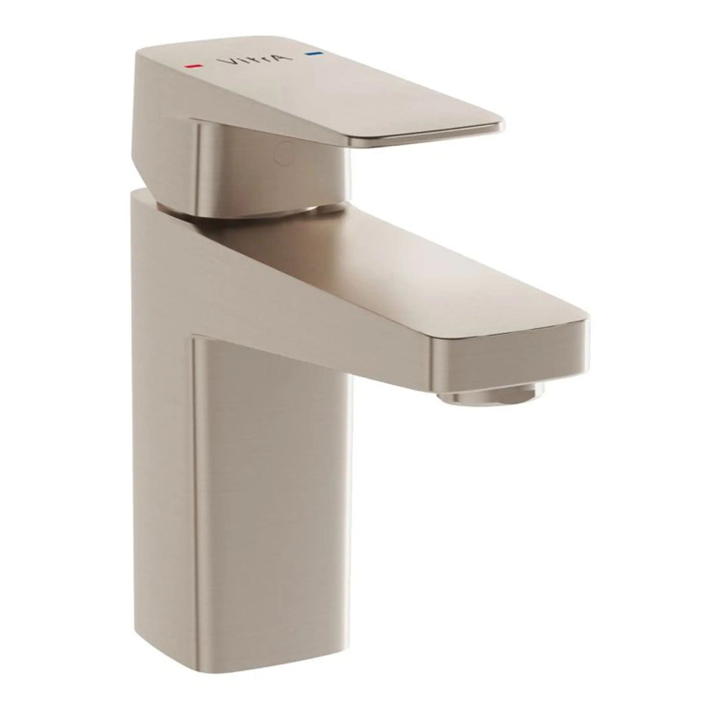 Modern brushed nickel bathroom faucet with sleek design and single lever control for easy temperature adjustment. Perfect for contemporary bathrooms.