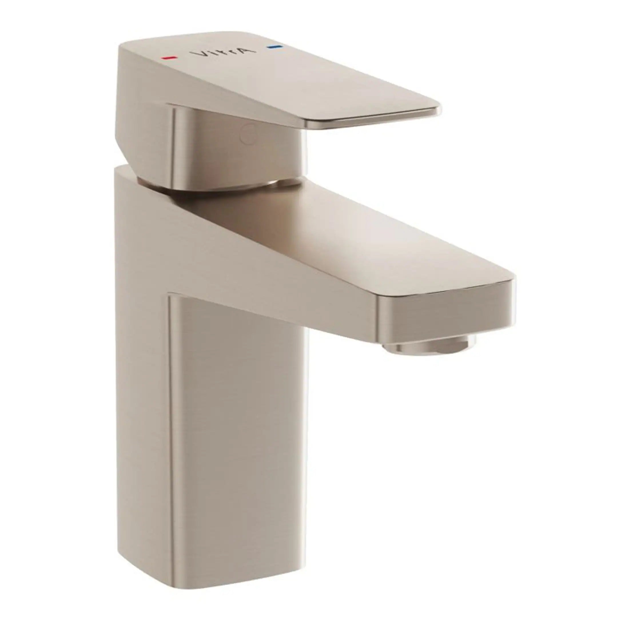 Modern brushed nickel bathroom faucet with sleek design and single lever control for easy temperature adjustment. Perfect for contemporary bathrooms.