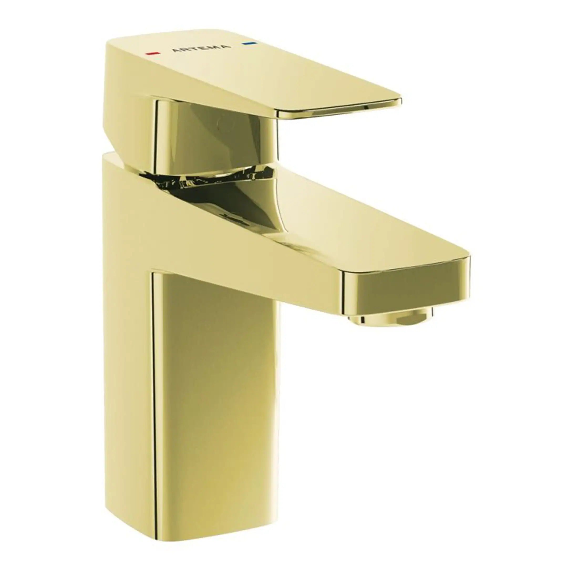 Polished gold bathroom faucet with modern design from Bubly Bathrooms. Perfect for adding luxury and elegance to contemporary bathroom interiors.