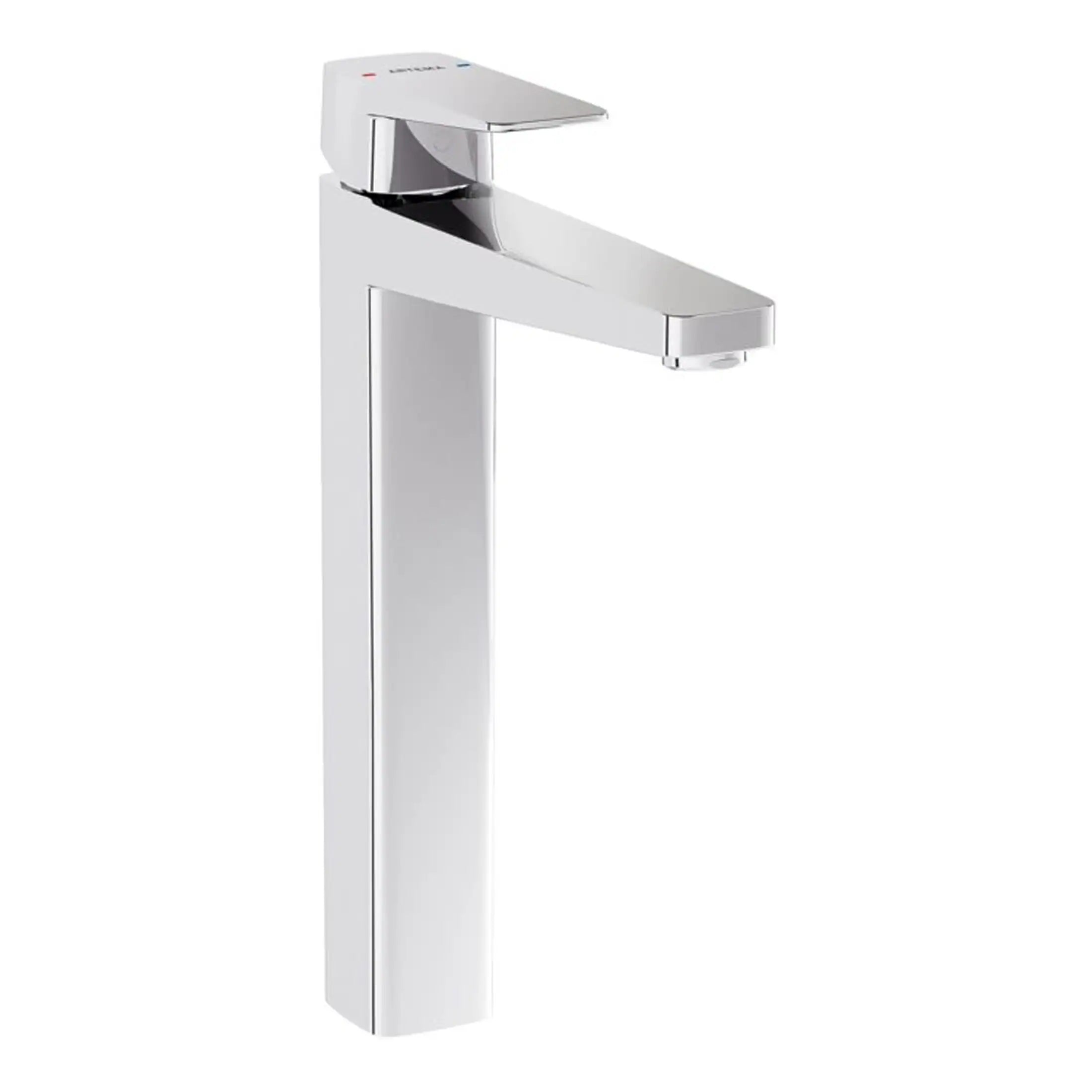 Single modern chrome bathroom faucet with sleek design for contemporary bathrooms.
