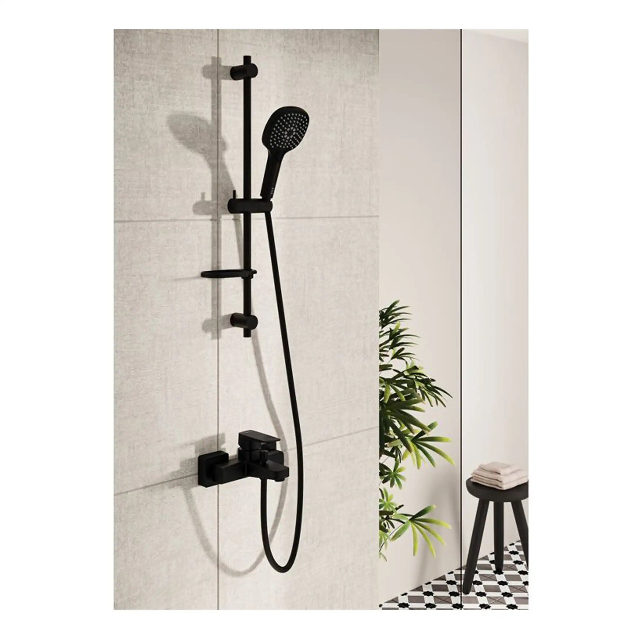Sleek black wall-mounted shower system with handheld shower head, adjustable rail, and modern bathtub mixer tap, ideal for contemporary bathroom renovations.