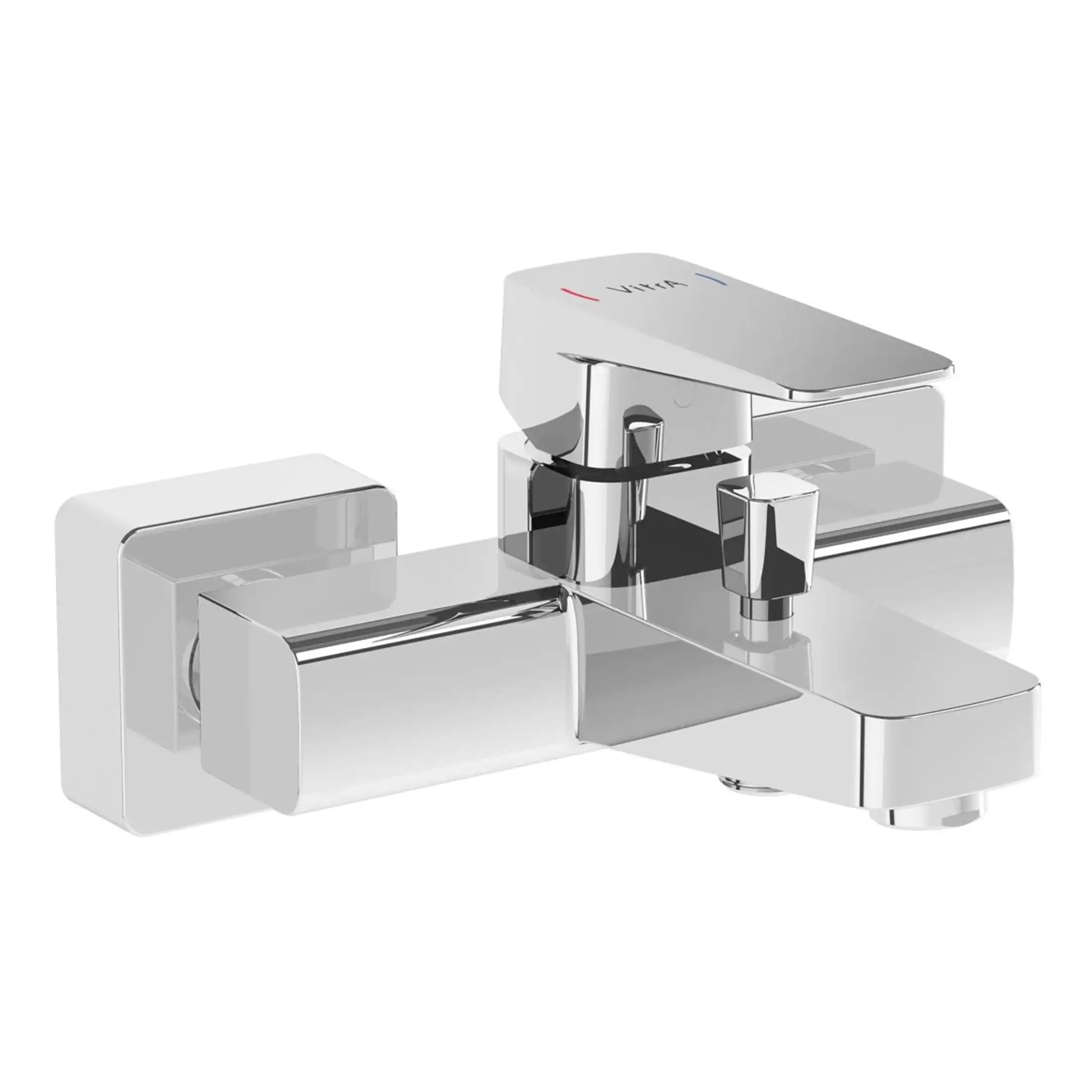 Polished chrome wall-mounted bathroom faucet with single lever handle and integrated spout, designed for modern bathroom sinks and perfect for contemporary bathroom renovations.