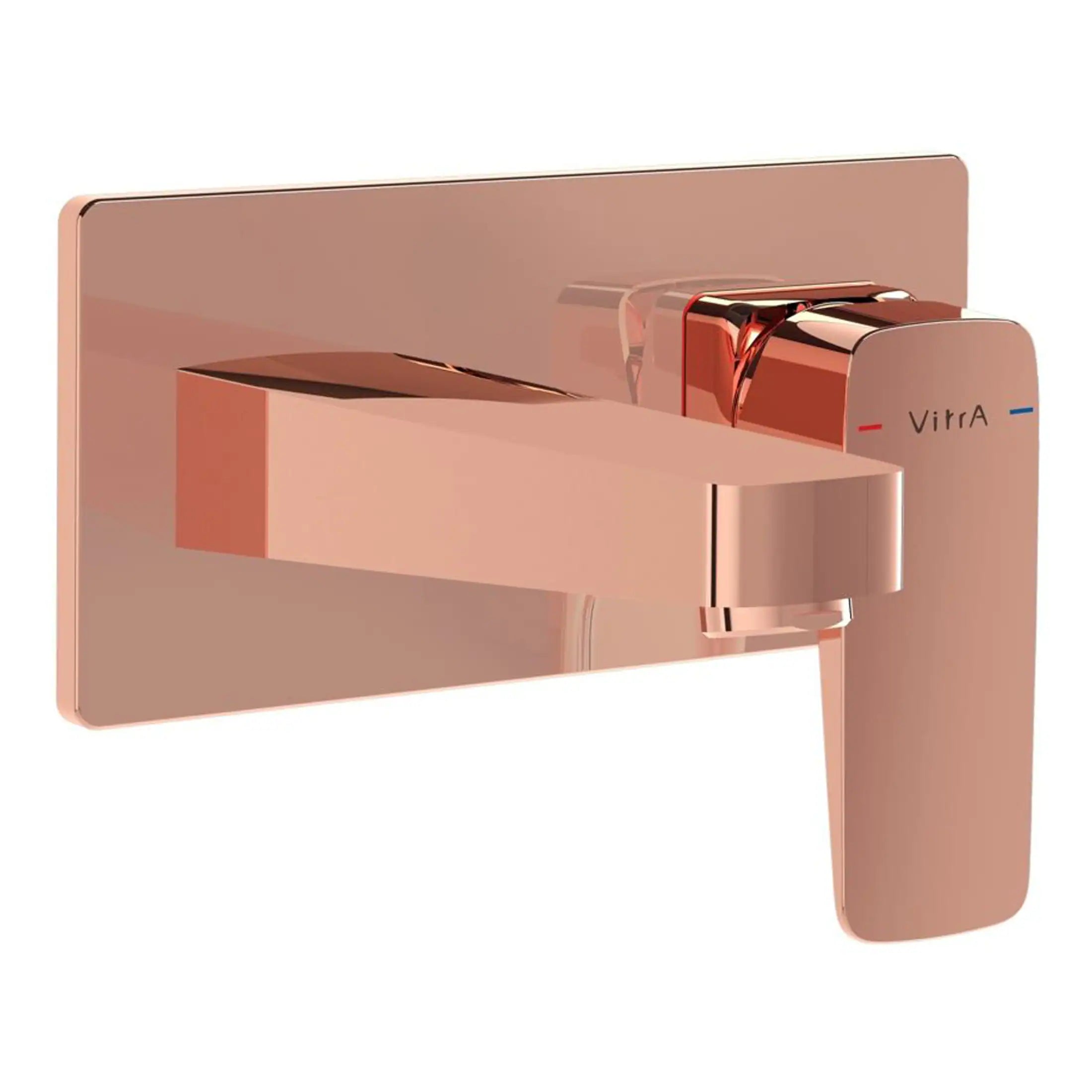 Polished rose gold wall-mounted bathroom faucet with modern design, single handle, and thermostatic control for stylish and luxurious bathroom installations.