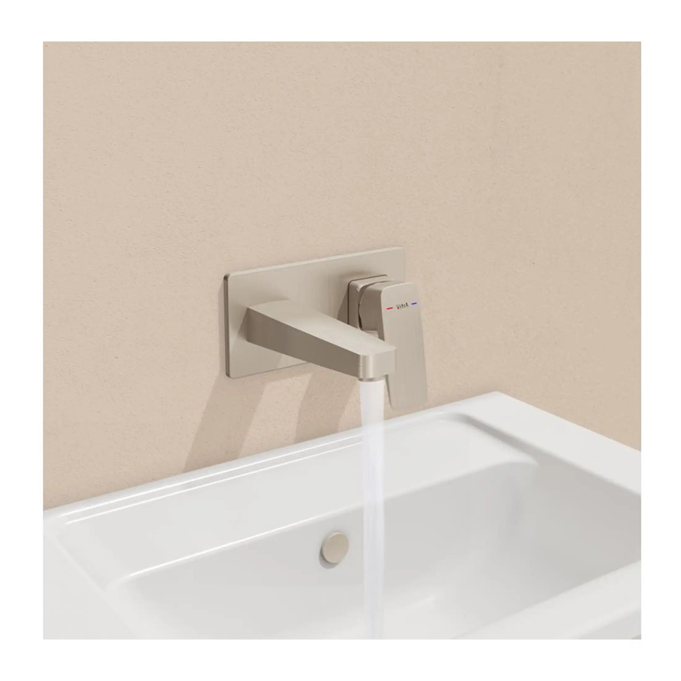 Sleek modern bathroom tap fitted above a white ceramic sink, with a contemporary wall-mounted design and single lever control, ideal for stylish bathroom renovation projects.