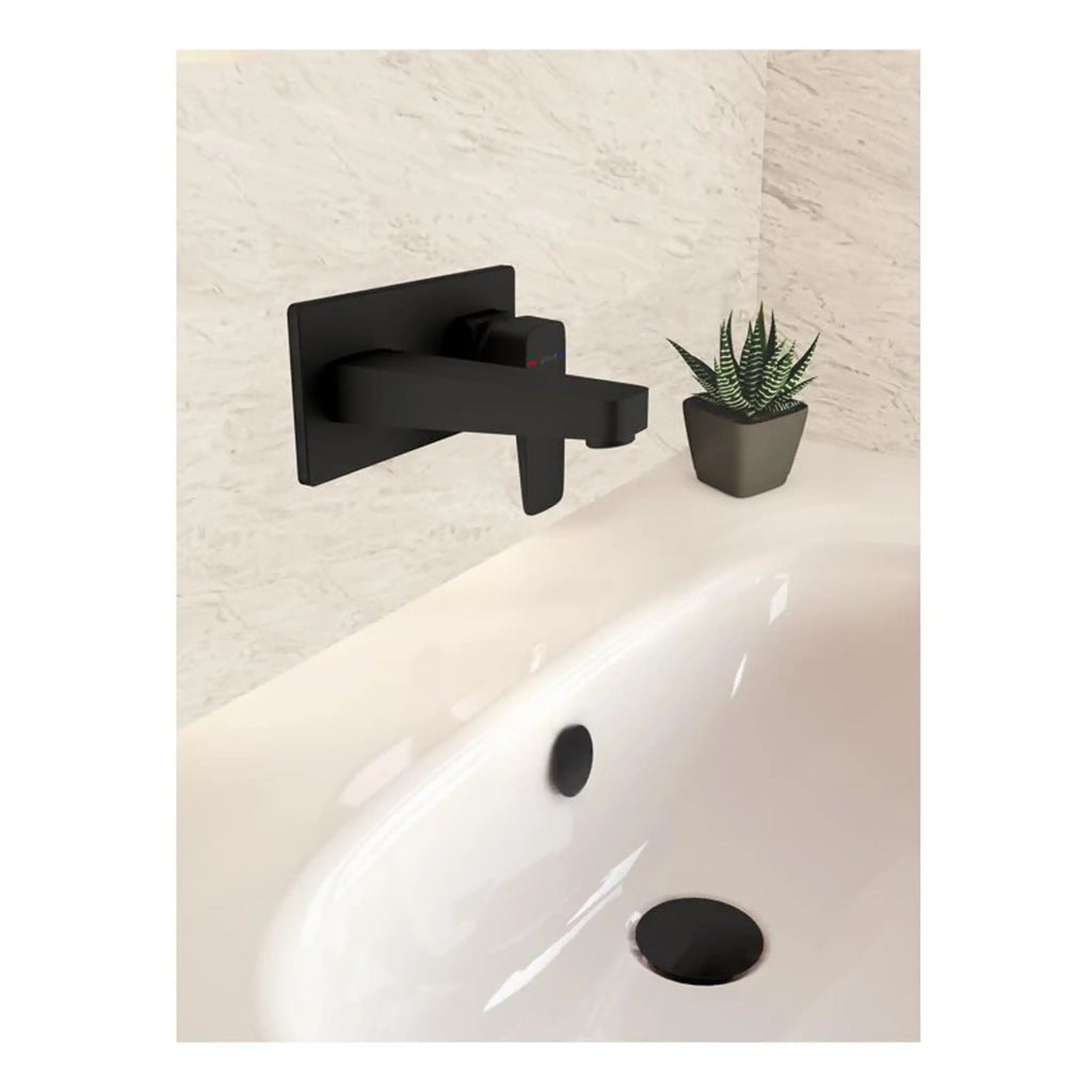 Sleek black wall-mounted bathroom faucet with a modern design, installed above a white bathtub, accompanied by a small potted succulent plant for bathroom decor.