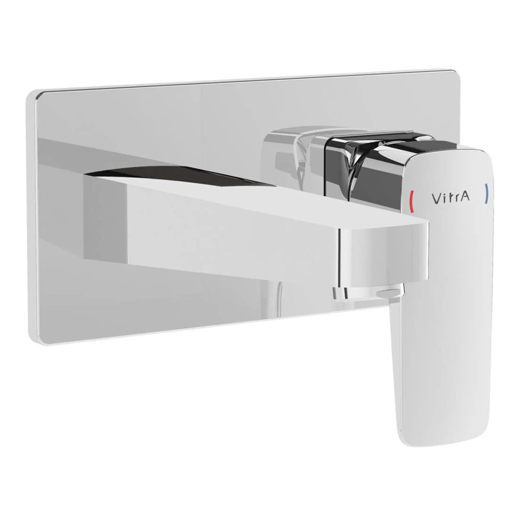 Sleek white wall-mounted bathroom faucet with modern design and chrome finish, featuring a single lever handle for precise water flow control, ideal for contemporary bathrooms.