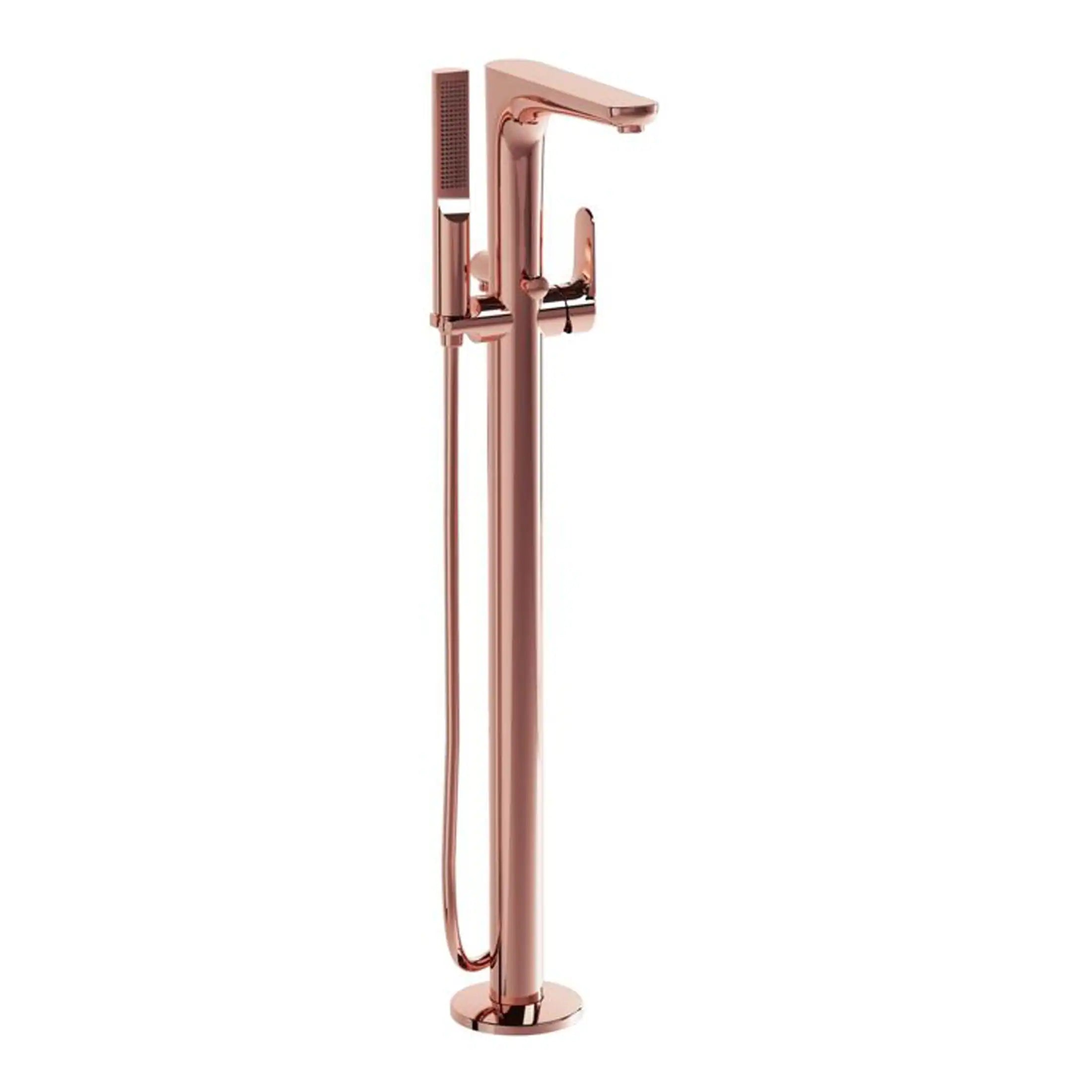 Brushed Rose Gold Freestanding Bathroom Tap with Handheld Shower and Modern Design for Luxurious Bubly Bathrooms.