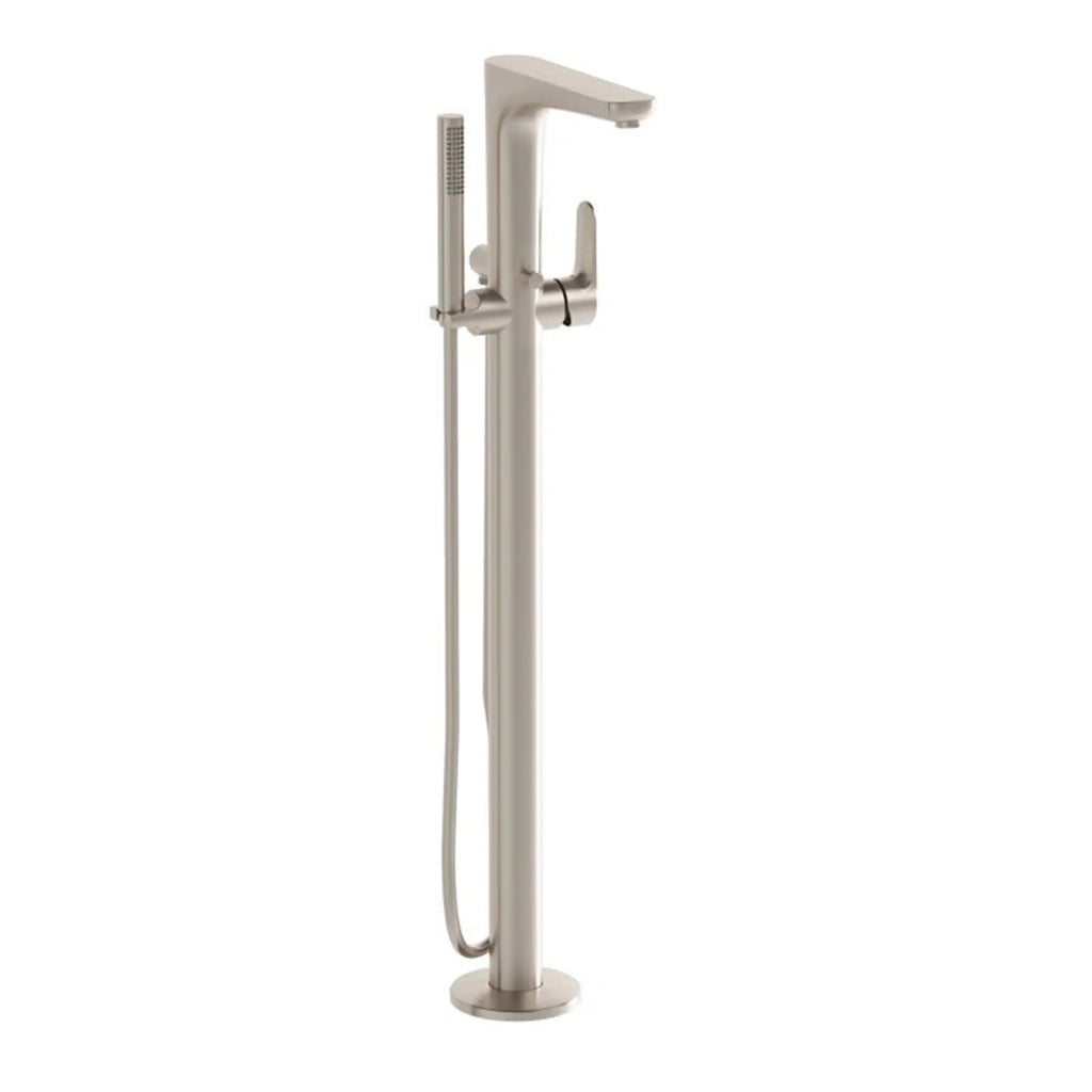 Bathroom freestanding bathtub filler with handheld shower and contemporary chrome finish, designed for modern Bubly Bathrooms installations.