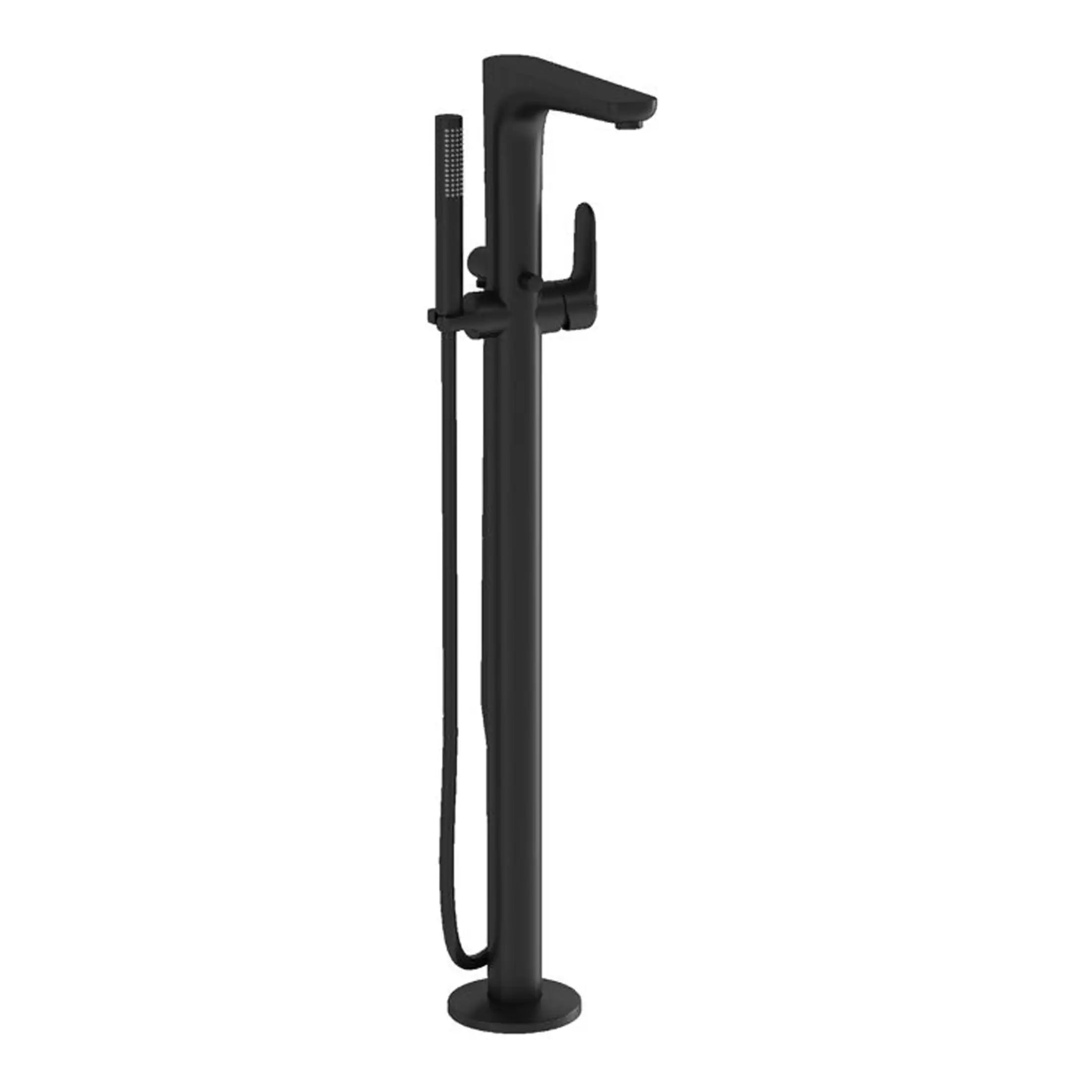 Modern black freestanding bathroom bath filler and hand shower with sleek design. Perfect for contemporary bathroom renovations and stylish bathing experiences.