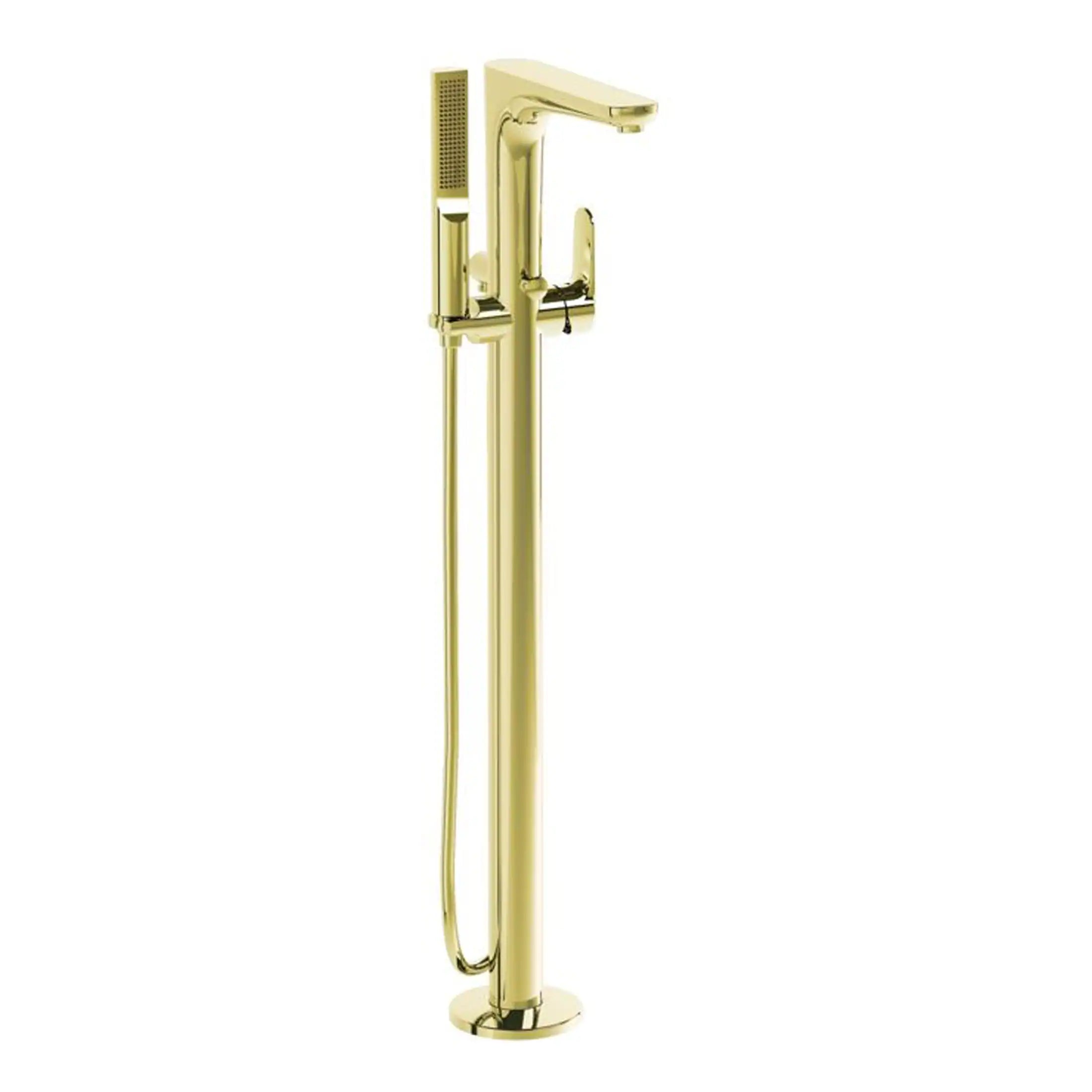 Polished gold freestanding bathtub filler with handheld shower, modern design, elegant bathroom fixtures from Bubly Bathrooms.