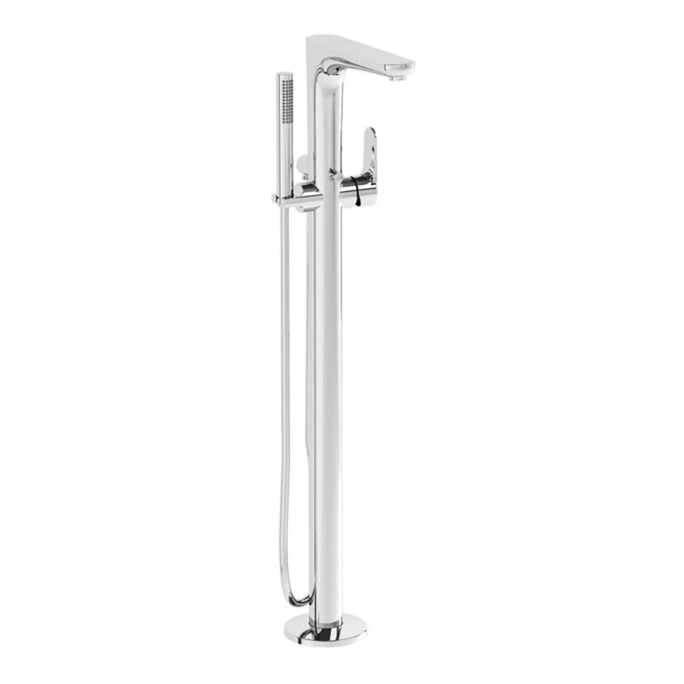 Sleek chrome freestanding bath filler with hand shower and flexible hose, ideal for modern bathroom designs and easy installation. Perfect for adding functionality and style to your bath area.