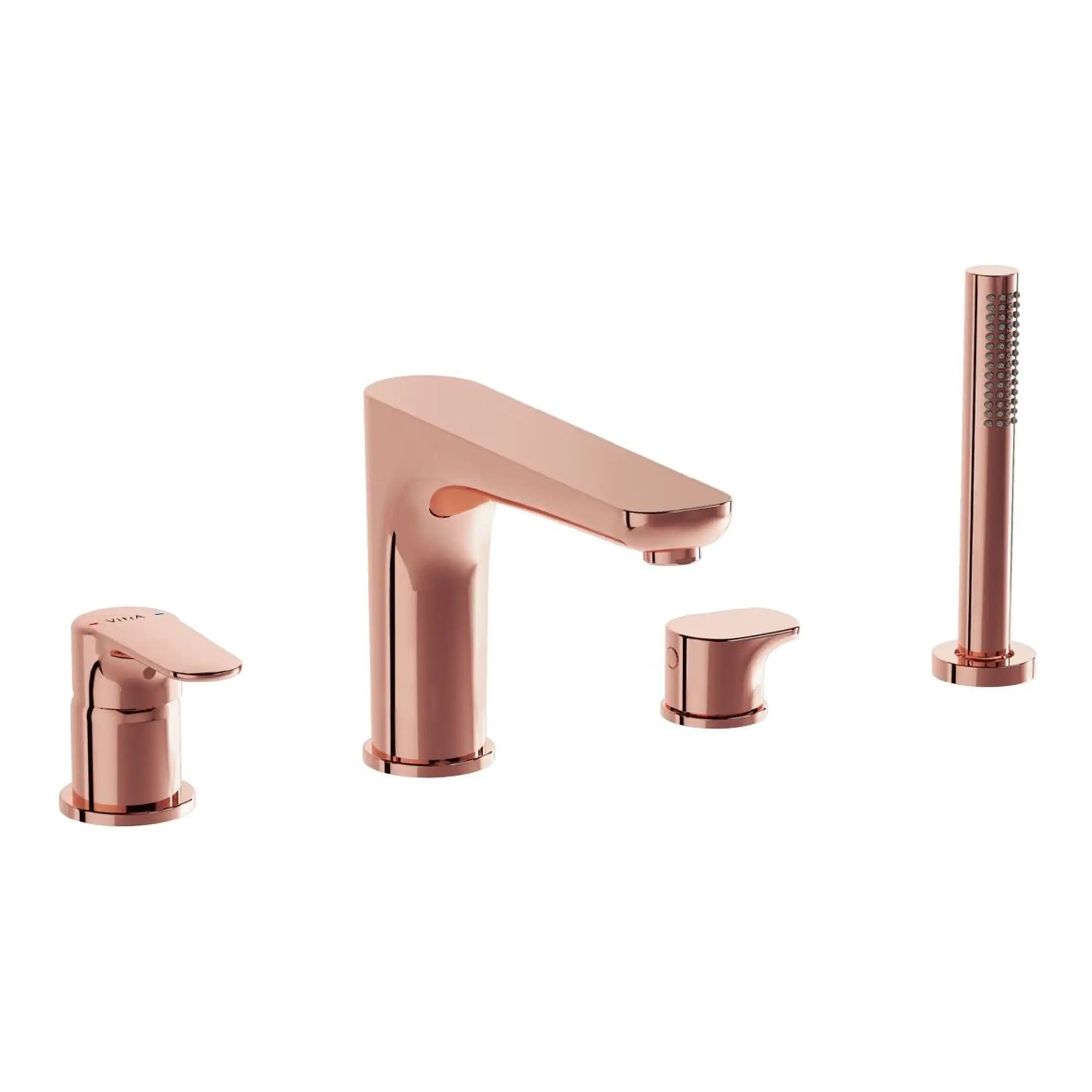 Sleek rose gold bathroom taps and accessories including a mixer tap, separate control knobs, and a hand-held showerhead, designed for modern, stylish bathrooms.