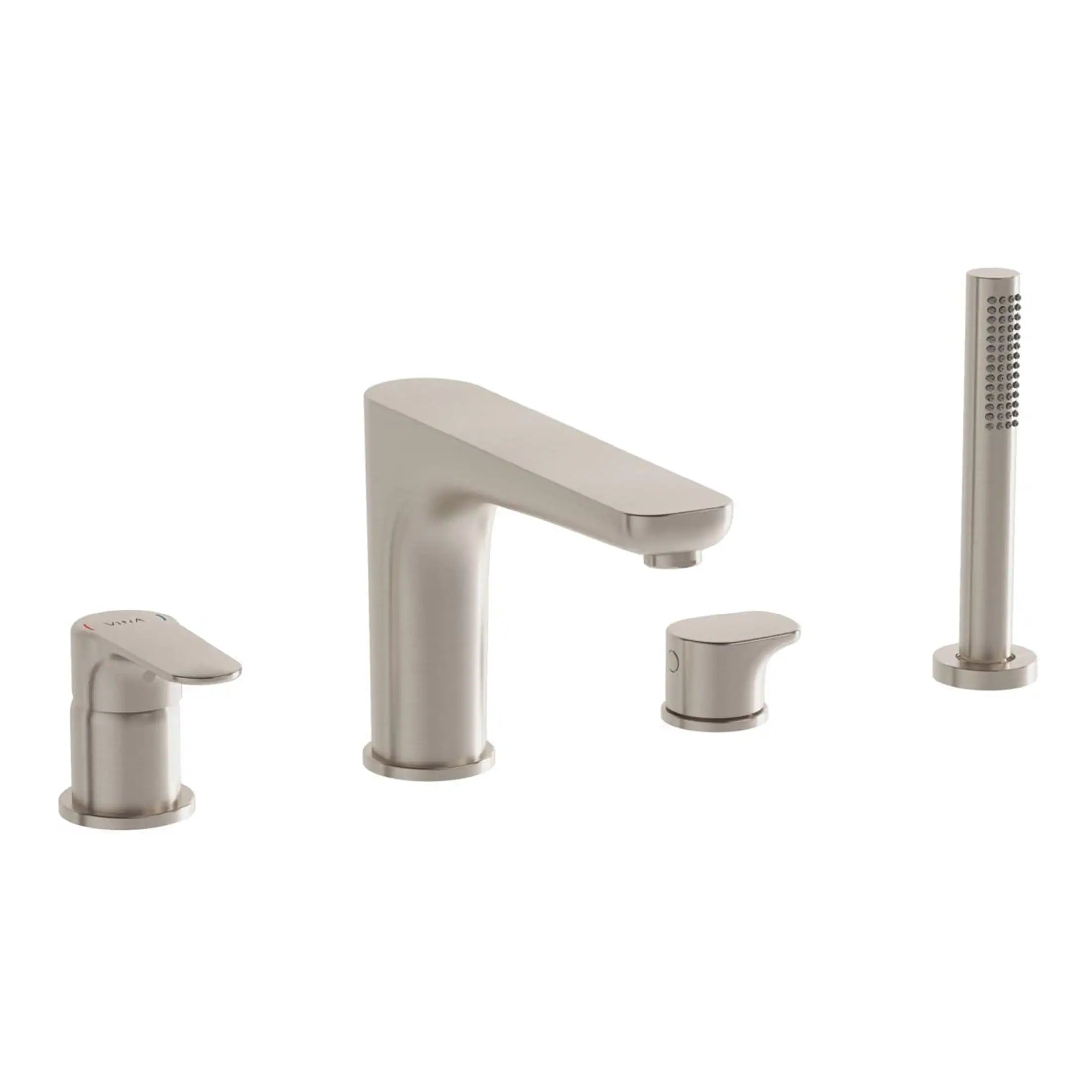 Sleek silver bathroom tap set with modern design, including a mixer tap, handheld shower and matching accessories for contemporary bathroom renovations.