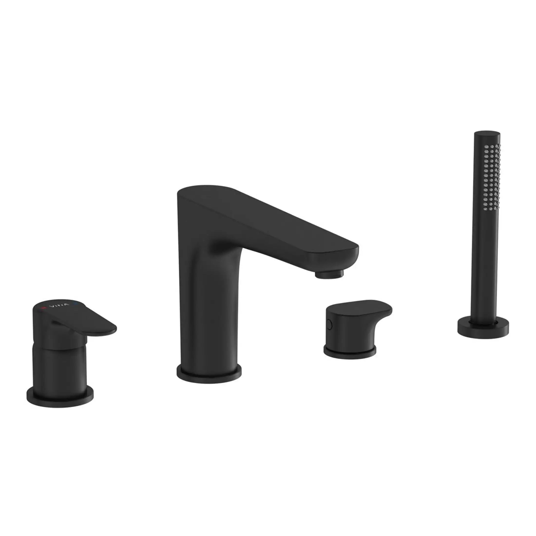 Modern black bathroom faucet set including a mixer tap, handheld shower, and separate control handles, designed for stylish and functional bathroom renovation.