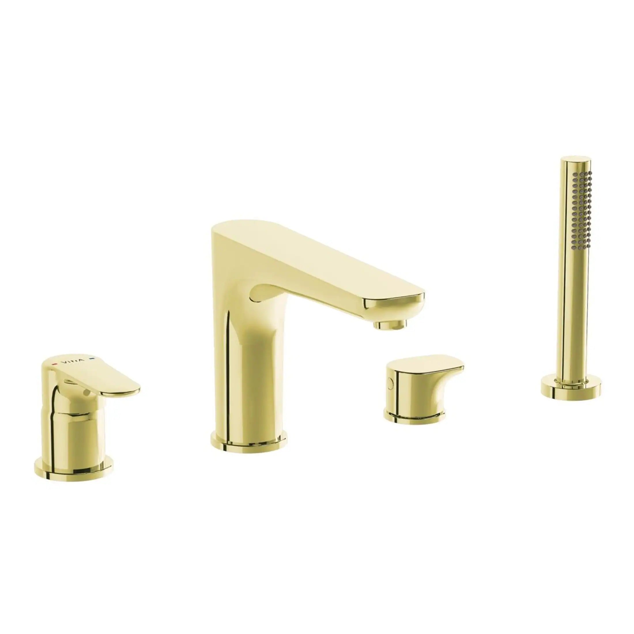 Luxurious gold bathroom tap set including a mixer tap, basin tap, bidet tap, and handheld shower head, perfect for modernised bathroom designs and stylish water fixtures.