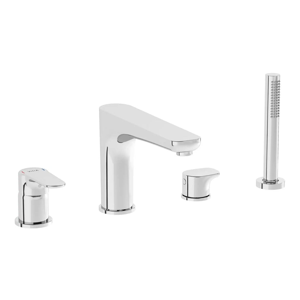 Sleek modern chrome bathroom tap set with matching hand shower and controls, ideal for contemporary bathroom renovations or upgrades for a stylish and functional look.