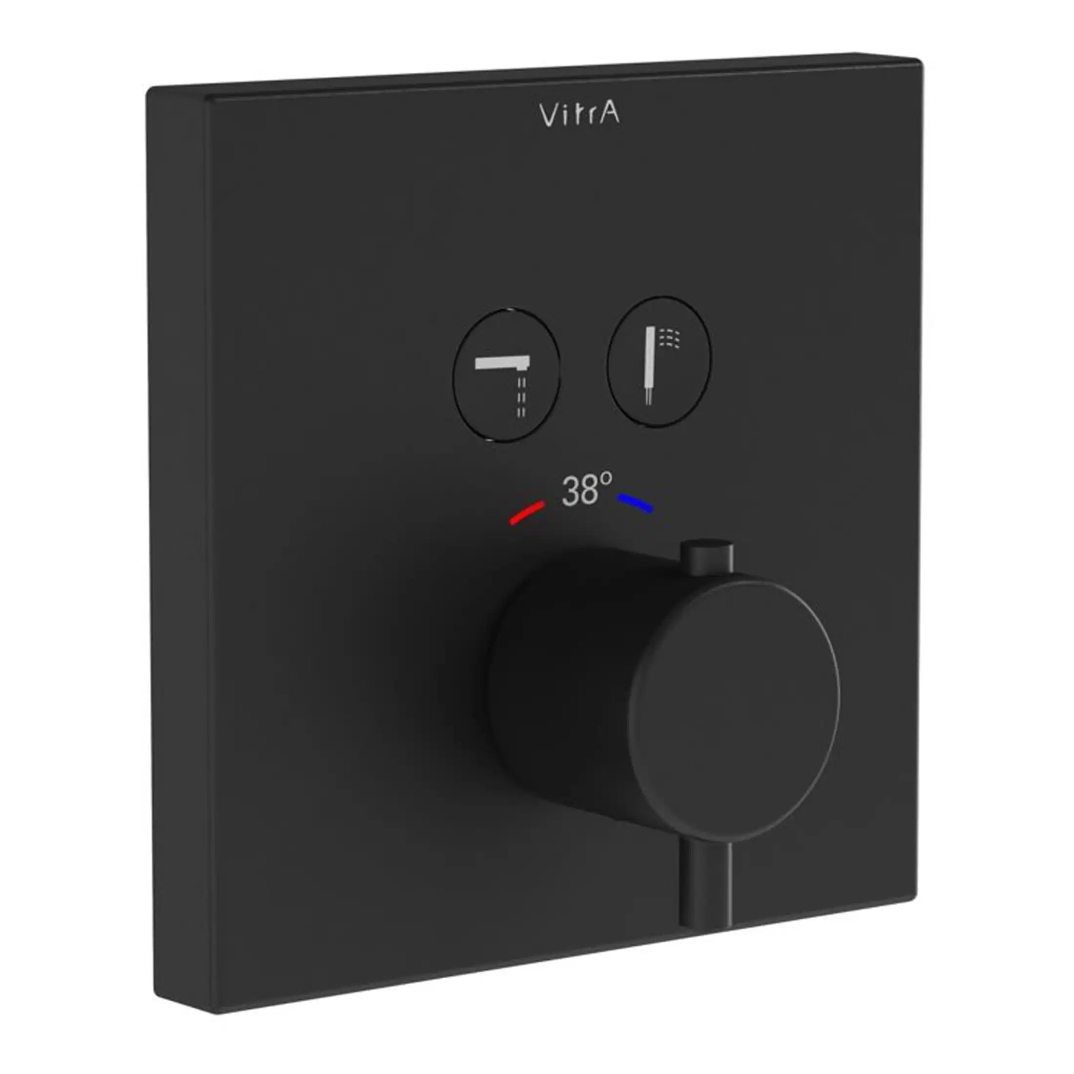 Modern black thermostatic shower control panel with temperature adjustment, ideal for luxury bathroom upgrades. Features digital display and sleek design for a contemporary bathroom look.
