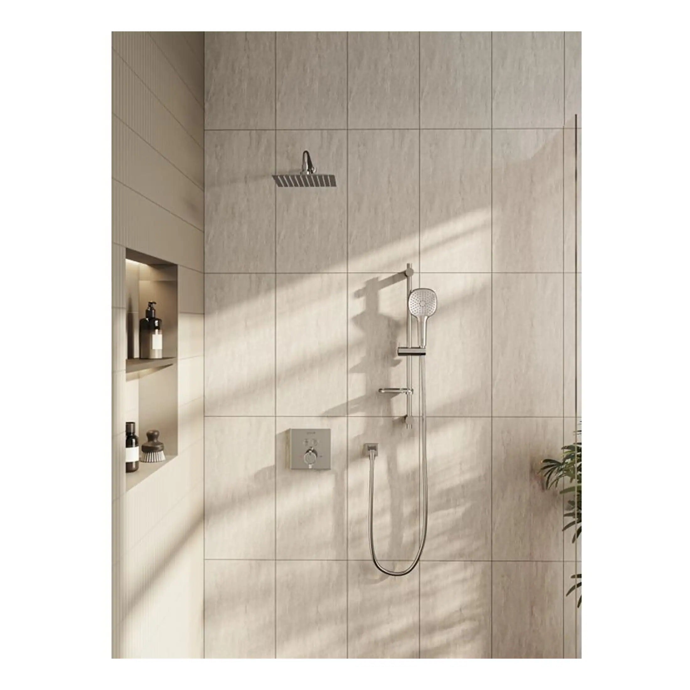 Modern beige tiled walk-in shower with rain shower head and handheld shower for luxury bathroom solutions.