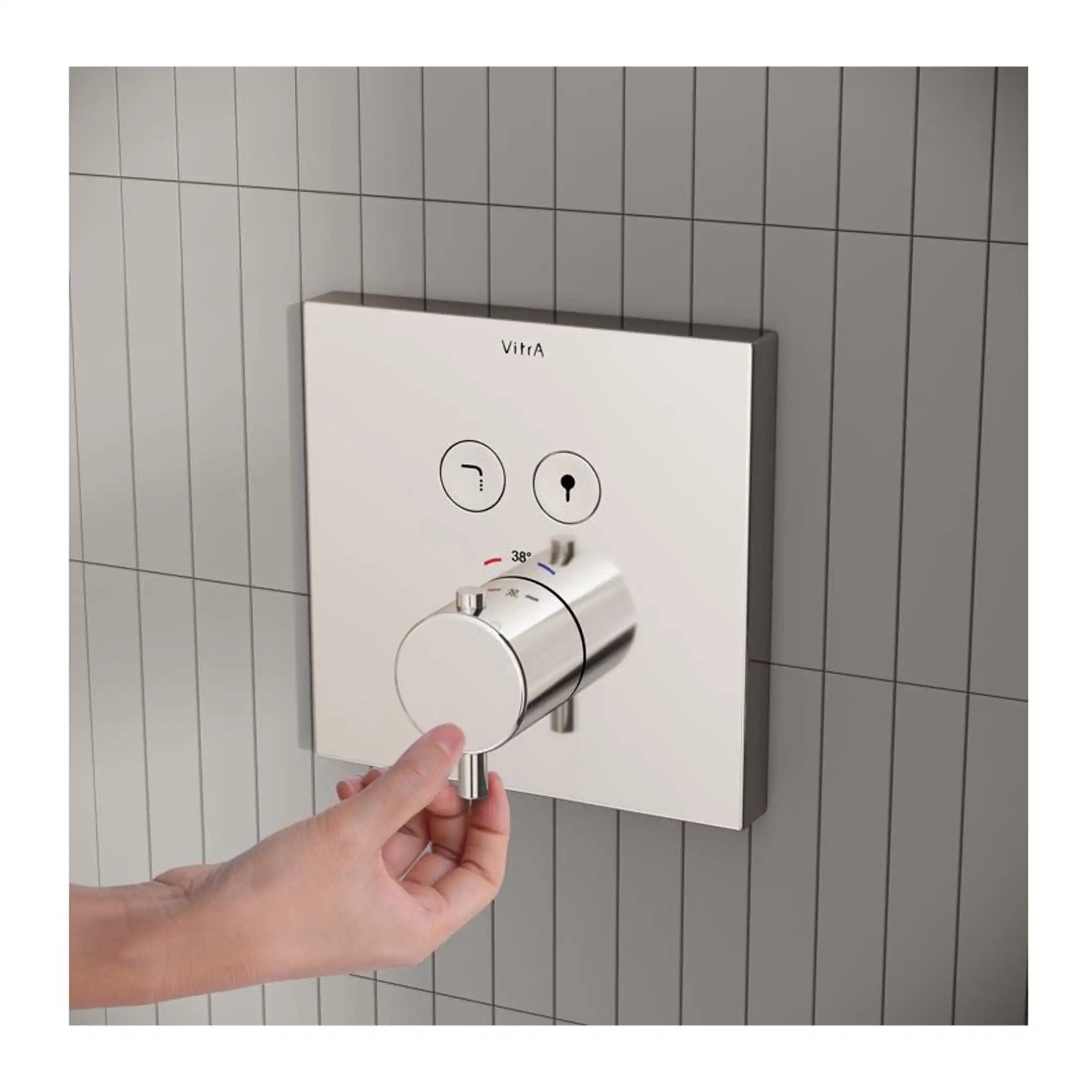Vibrant shower temperature control panel with digital display and modern dial for precise temperature adjustment in contemporary bathroom settings.