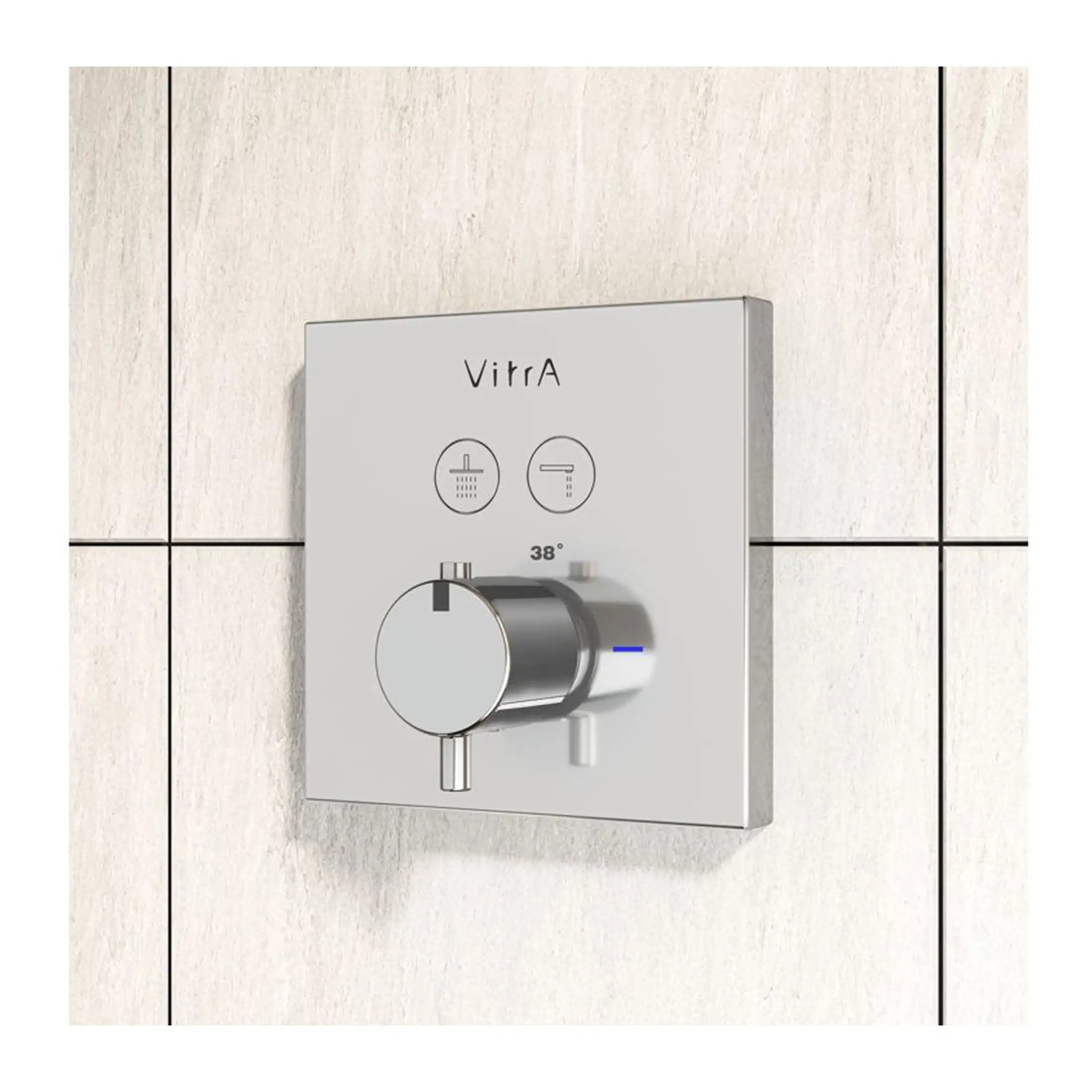 Modern bathroom shower and temperature control panel with sleek silver design and digital display. Perfect for enhancing bathroom functionality and style.