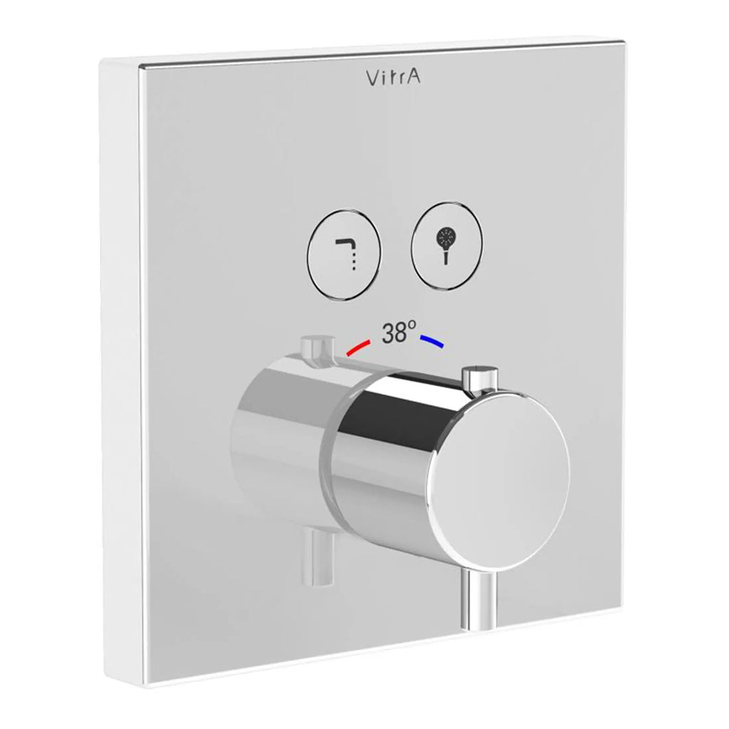 Contemporary thermostatic shower control panel with temperature regulation and two function buttons, ideal for modern bathroom installations.