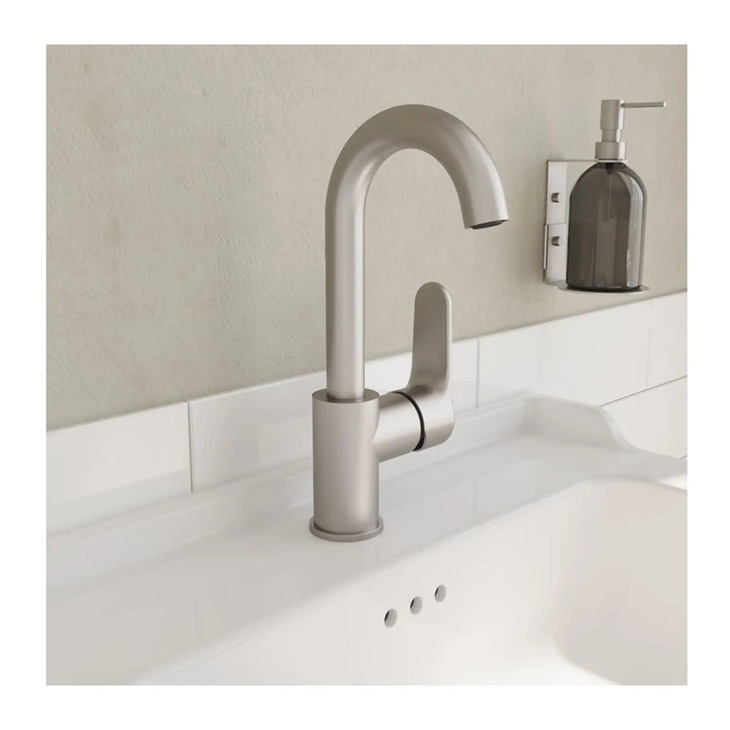 Sleek stainless steel kitchen sink tap with modern design, high-arc spout, and single lever control for easy temperature and flow adjustment in a contemporary bathroom setting.
